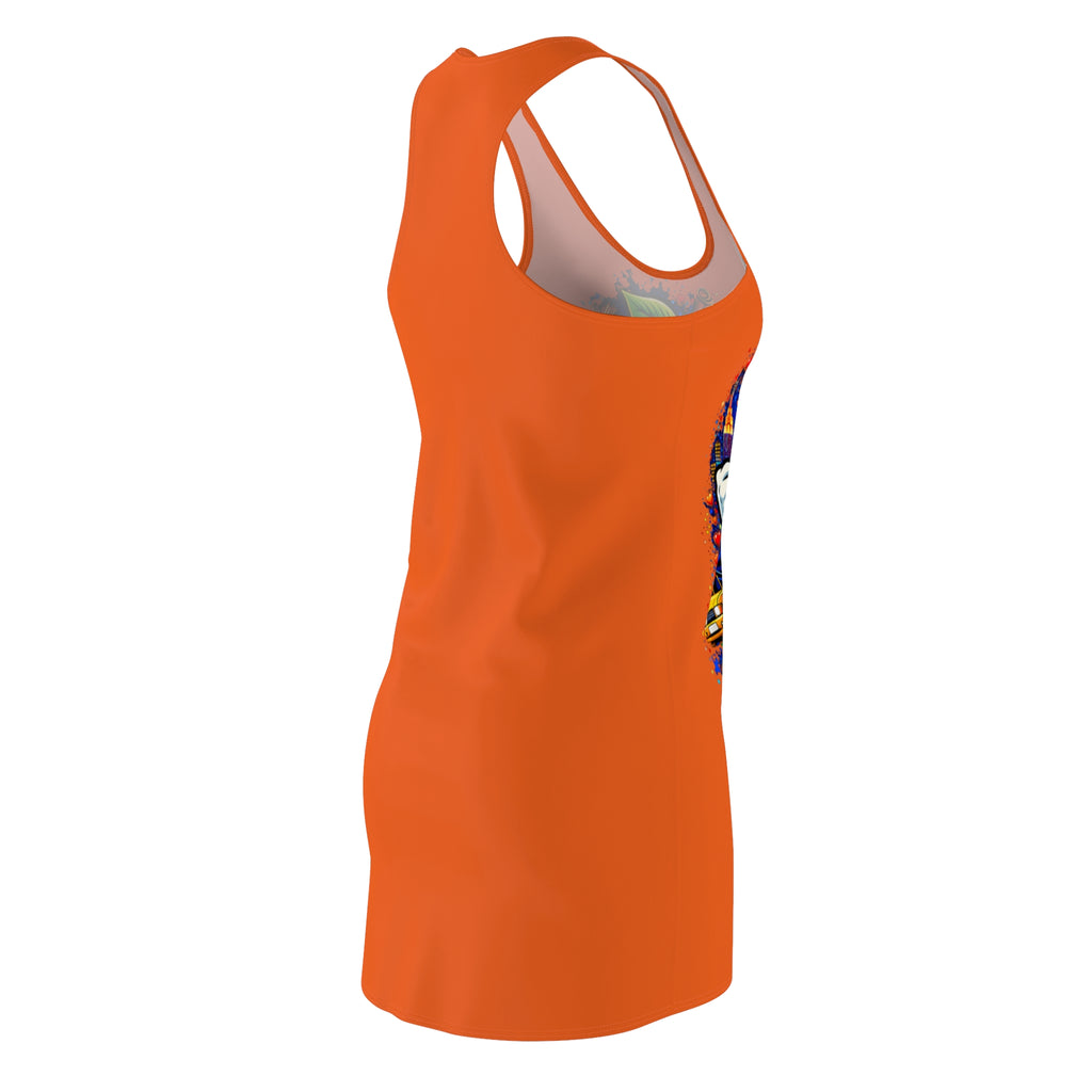 Orange racerback dress with all-over New York City print, featuring "Big Apple Attitude" design by TimeWarp Drip.