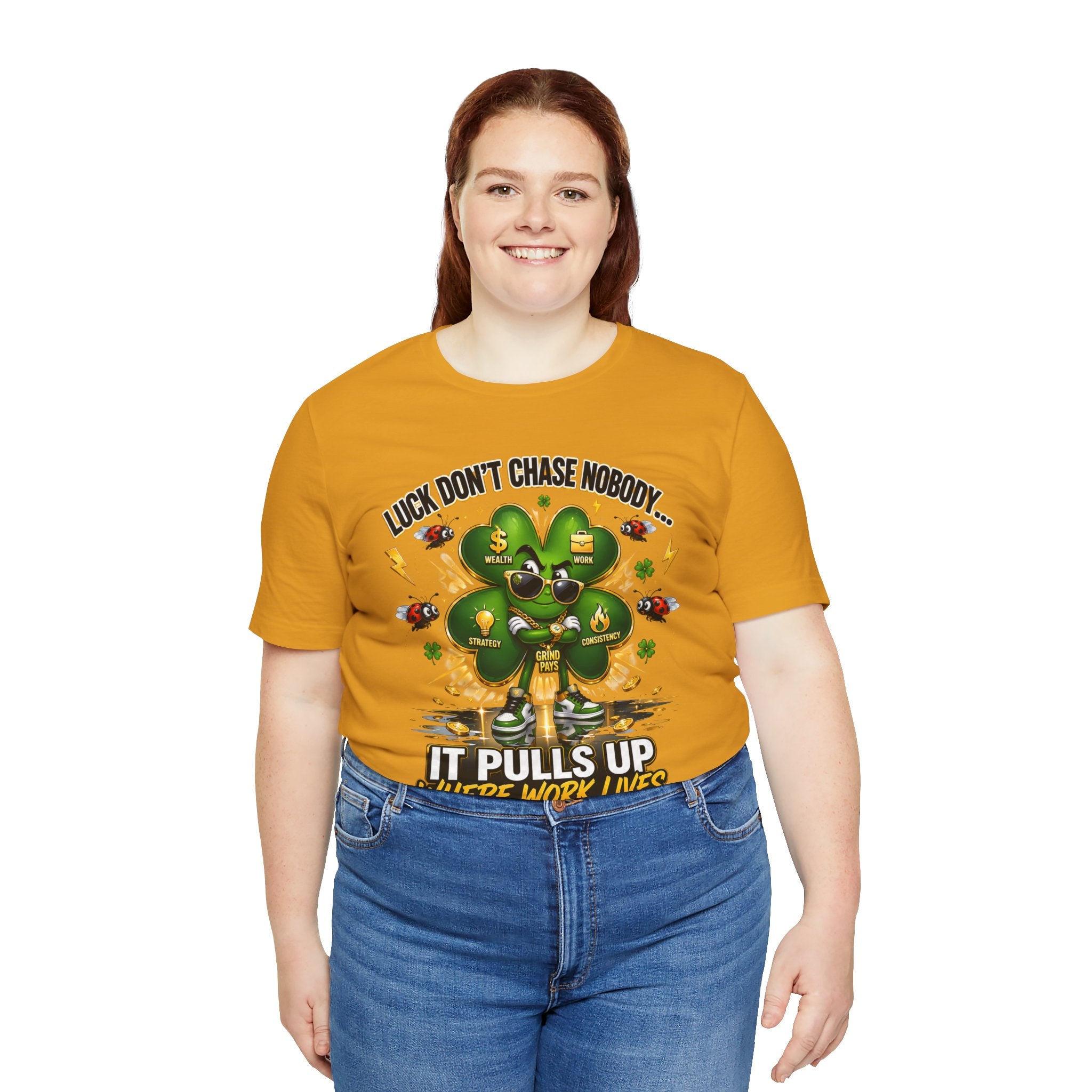 TimeWarp Drip Confident woman rocks a bold black Luck Don’t Chase Nobody 4-Leaf Clover tee—streetwear drip with major clover power. streetwear apparel