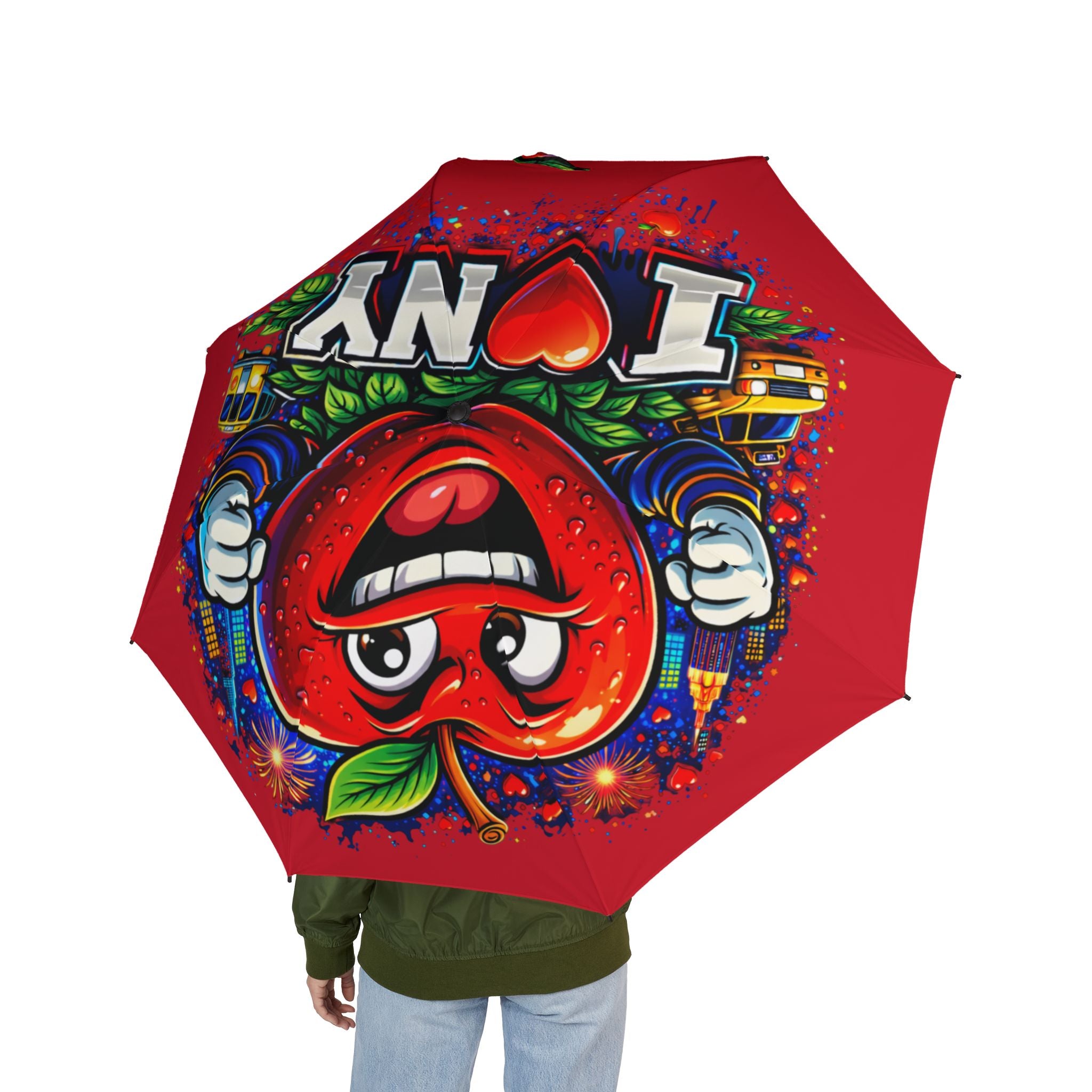Red I Love NYC foldable umbrella with colorful design, semi-automatic rain umbrella, accessories by TimeWarp Drip.