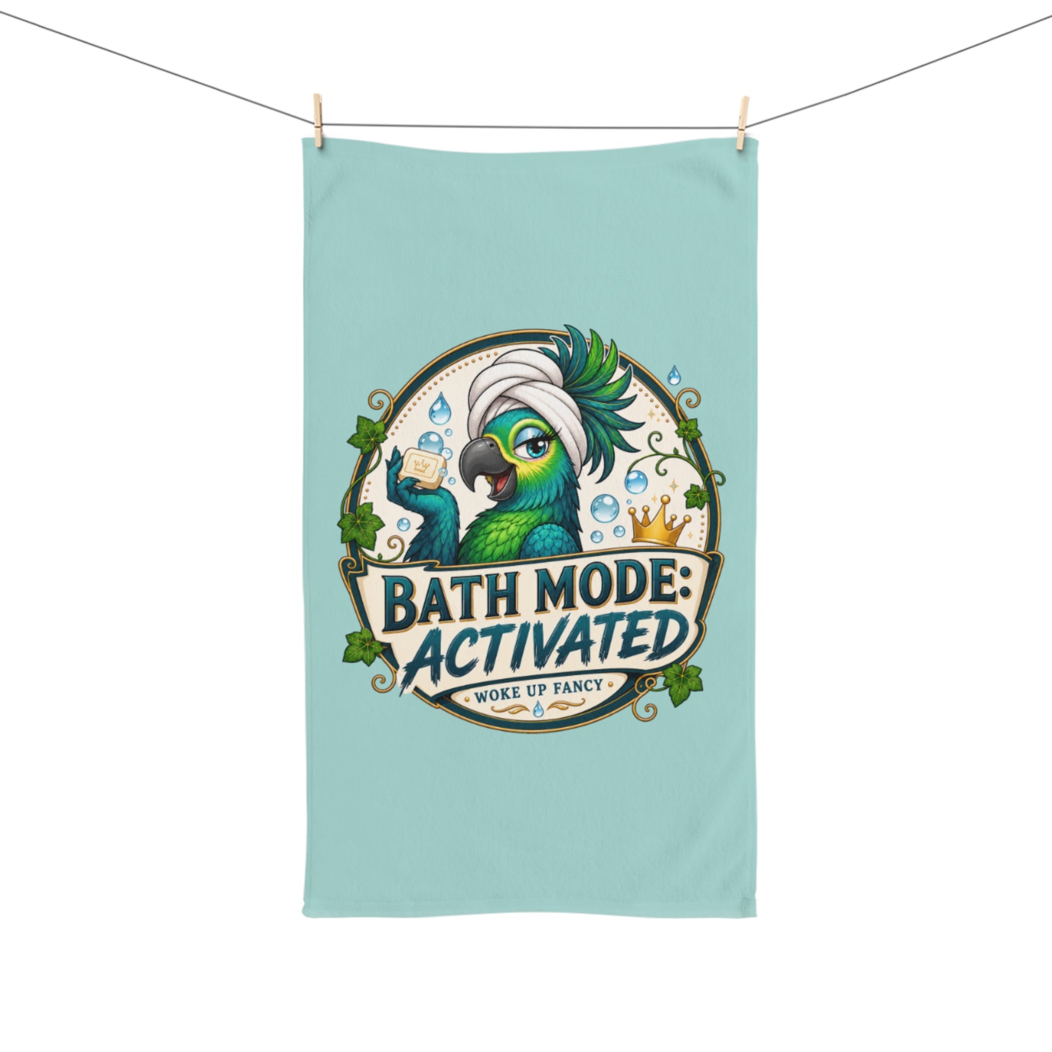 TimeWarp Drip Bath Mode Activated Parrot Hand Towel—vivid, streetwear-cool, bold parrot + quote for instant bathroom drip!. 