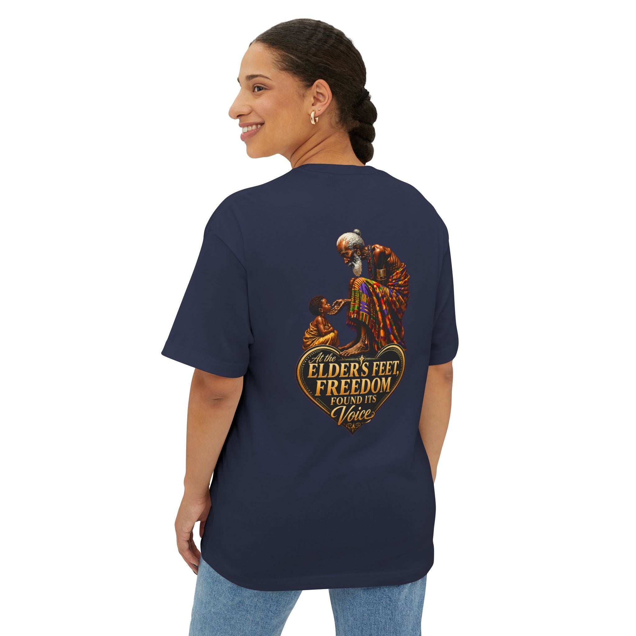 TimeWarp Drip – Oversized white tee, back graphic of two figures and bold script: “At the elders’ feet, freedom found its voice”. | premium streetwear
