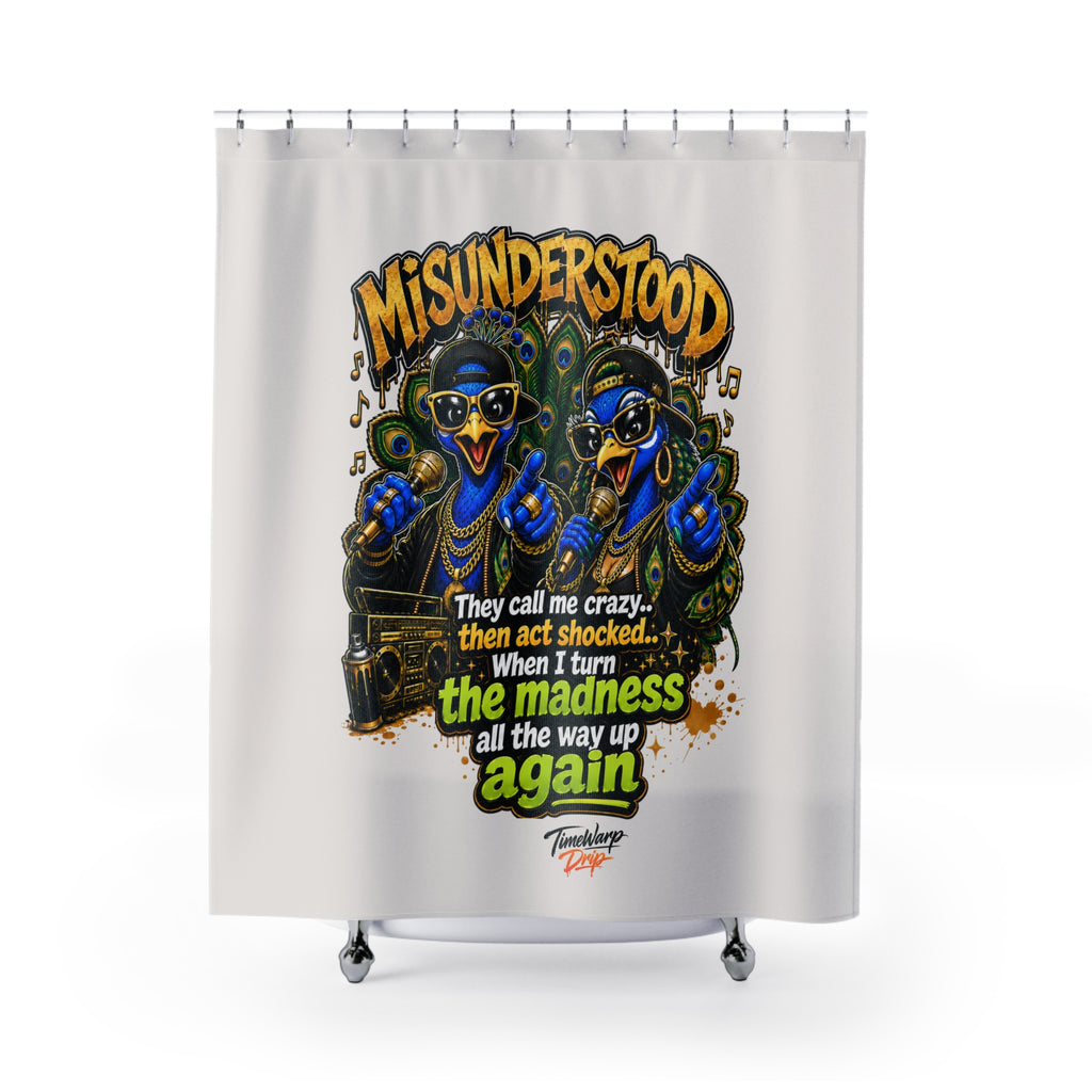 TimeWarp Drip – Shower curtain in bold white with hip-hop peacock duo, vivid cartoon art, and urban street style energy. | premium streetwear