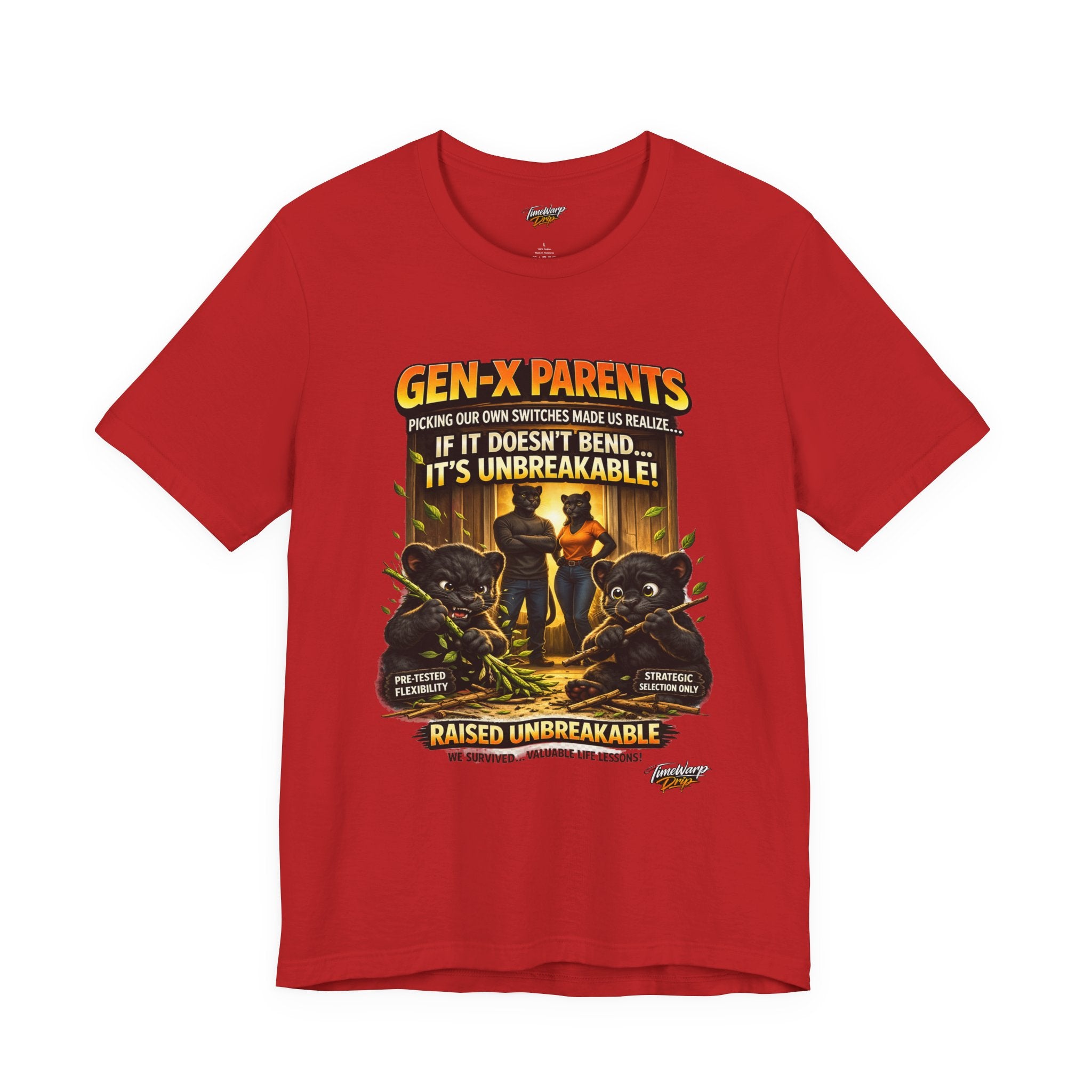 TimeWarp Drip Unbreakable black tee: Cartoon bear flex, Gen X “Picked Our Own Switches” — retro street drip, bold laughs, Printify style. streetwear apparel