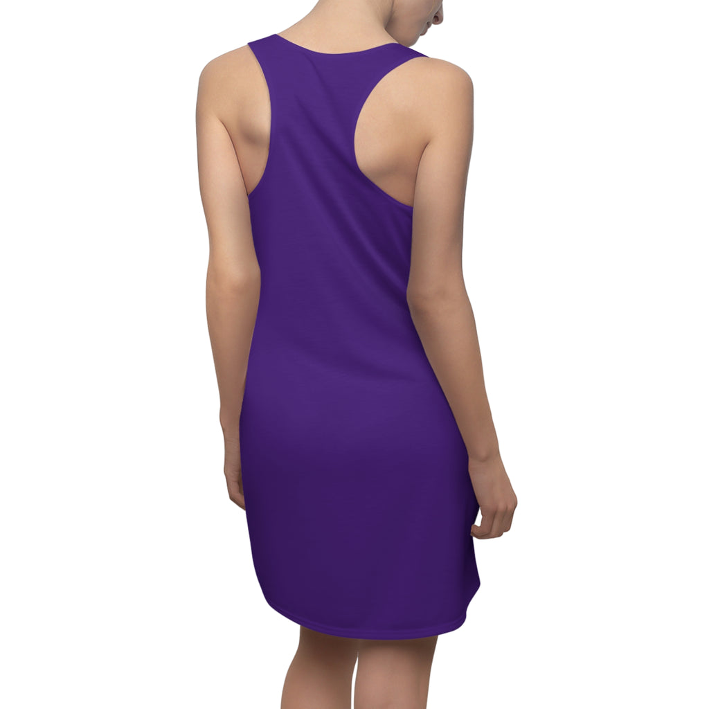 Purple racerback dress with "Big Apple Attitude" print, featuring all-over New York City skyline design by TimeWarp Drip.