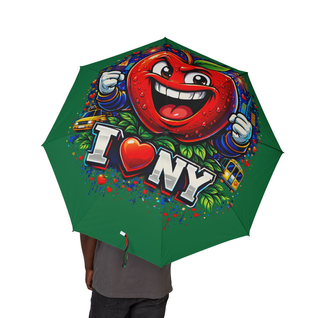 Green I Love NYC foldable umbrella with colorful design, semi-automatic rain umbrella from Printify, compact and portable accessories.