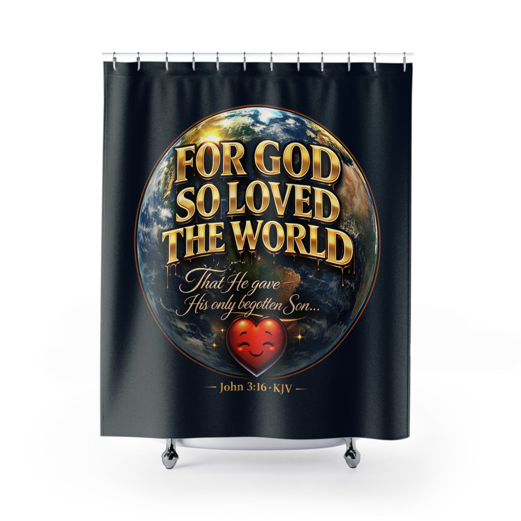 TimeWarp Drip Printify John 3:16 navy blue shower curtain—bold Christian scripture, dripping faith and streetwear style for your bathroom. streetwear apparel