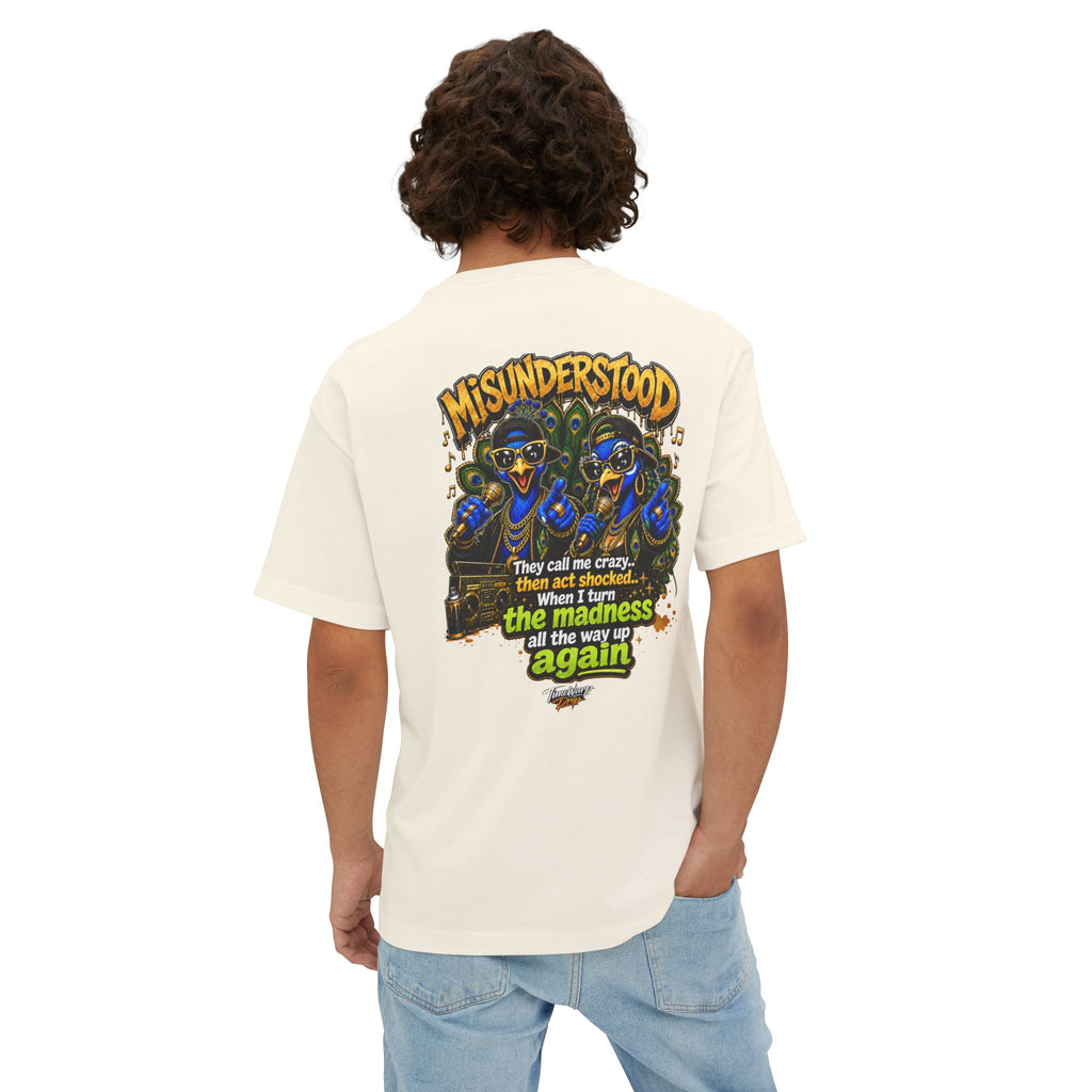 TimeWarp Drip – Oversized black boxy tee, bold “They Call Me Crazy I Call It Genius” print, dual peacock street art ignites the back. | premium streetwear