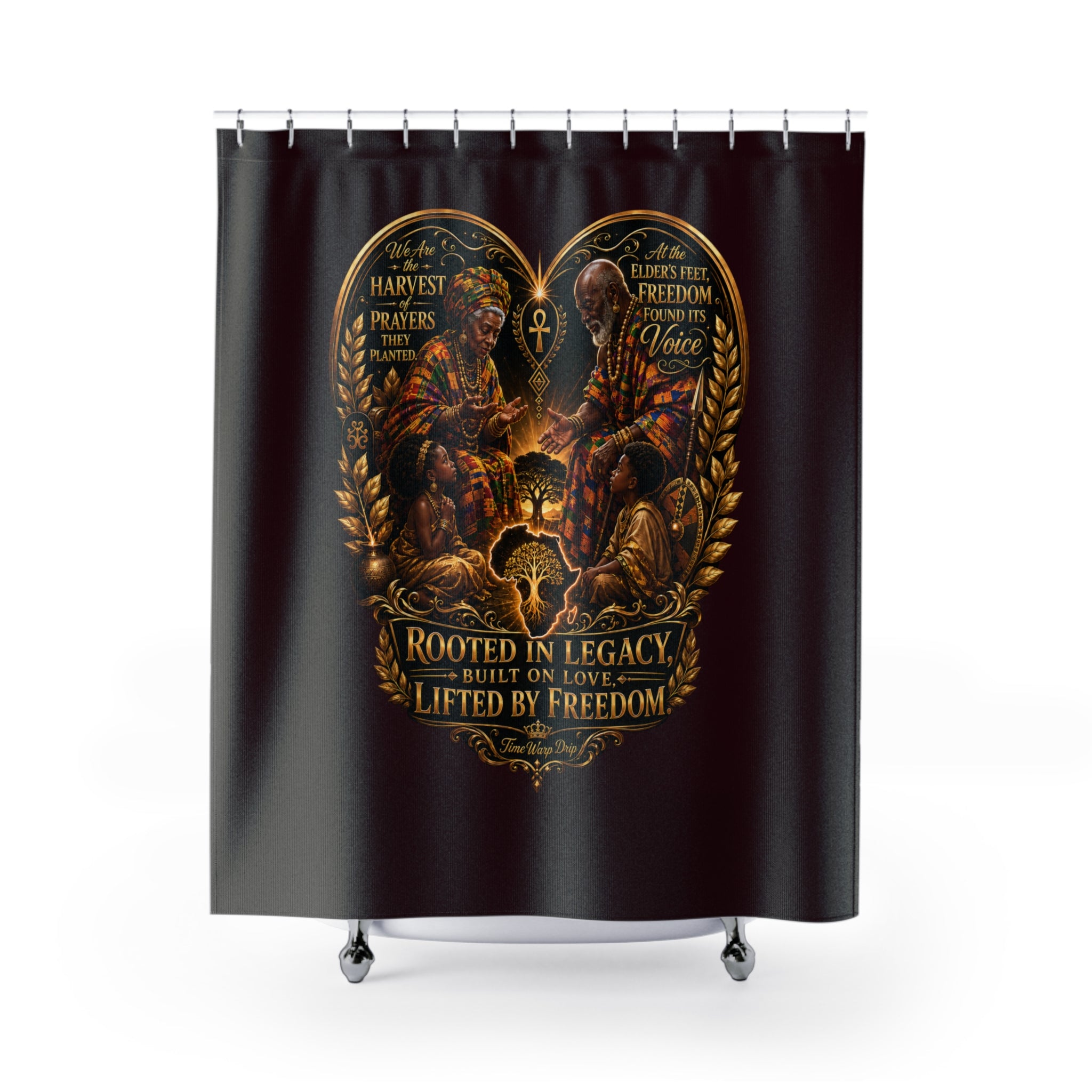 TimeWarp Drip – Burgundy shower curtain with striking Afrocentric heart design, bold tribute to African heritage and urban culture. | premium streetwear