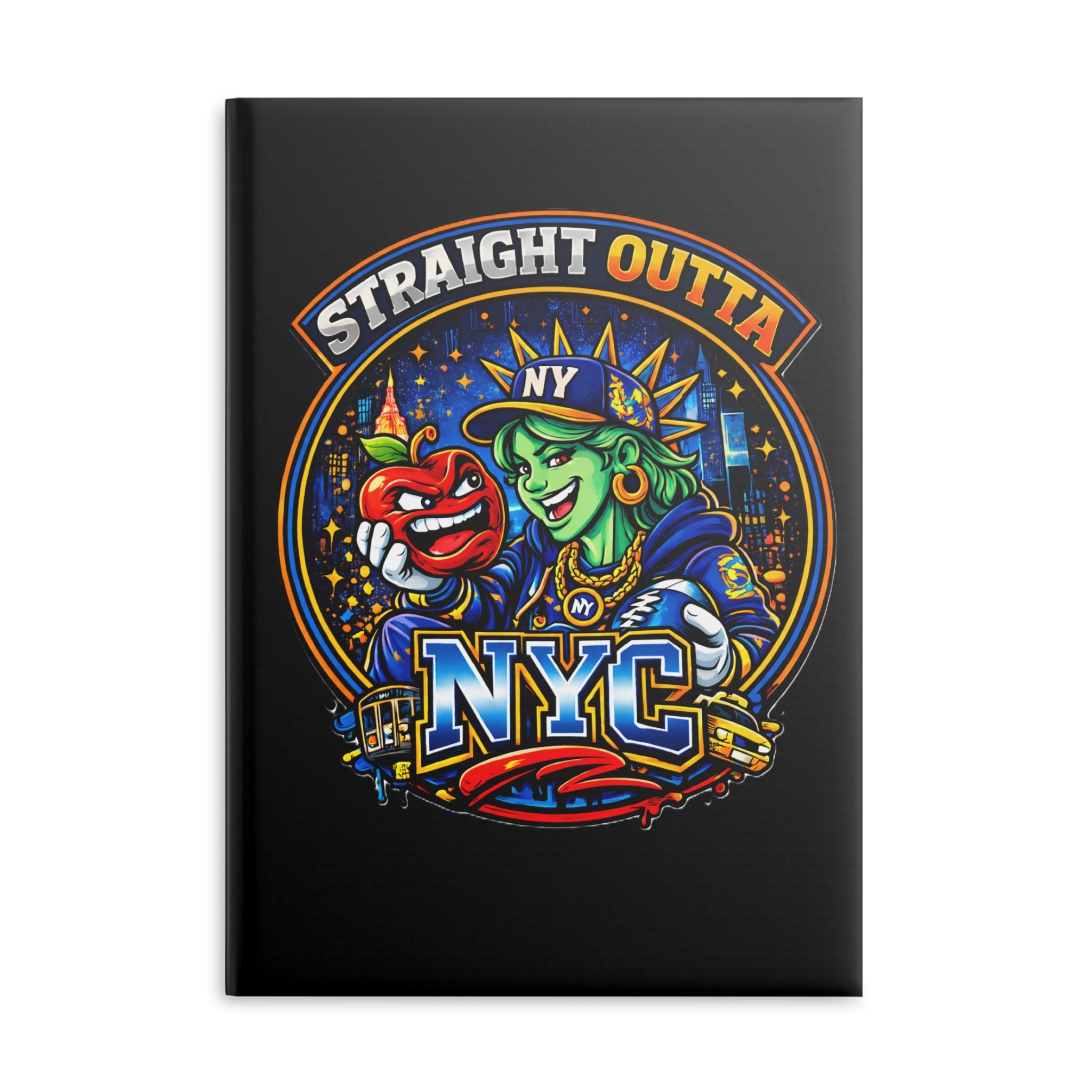 Black hardcover notebook with a New York City Statue of Liberty graphic, featuring "Straight Outta NYC" text, paper journal by TimeWarp Drip.