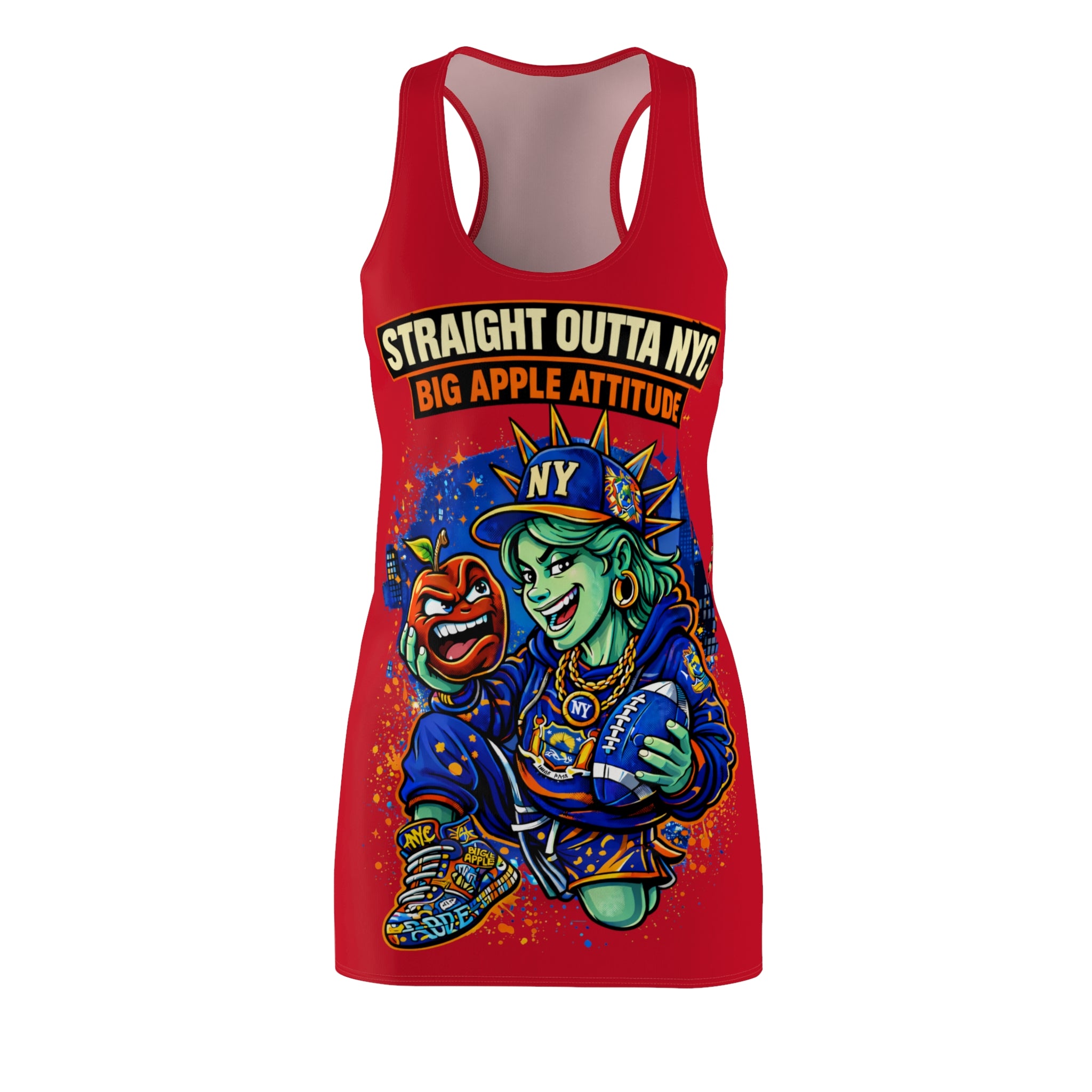 Red racerback dress with "Straight Outta NYC Big Apple Attitude" all-over print, featuring bold cityscape graphics by TimeWarp Drip.