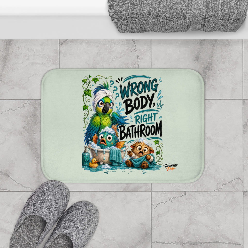 TimeWarp Drip Sage green bath mat drips style: “Wrong Body, Right Bathroom™” slogan, wild creatures, cool by gray slippers—streetwear vibes!.