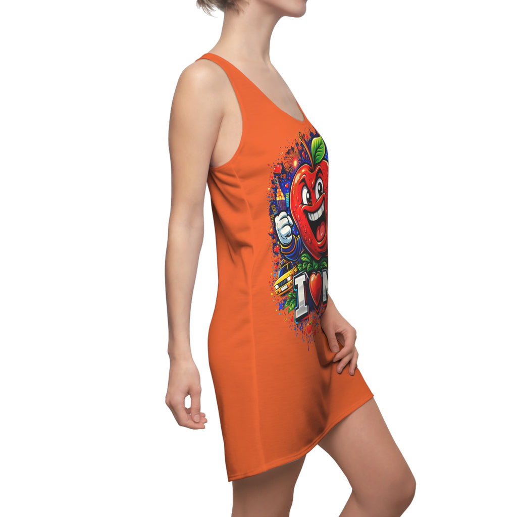 Orange racerback dress with "Big Apple Attitude" all-over print by TimeWarp Drip, featuring vibrant NYC-themed design.