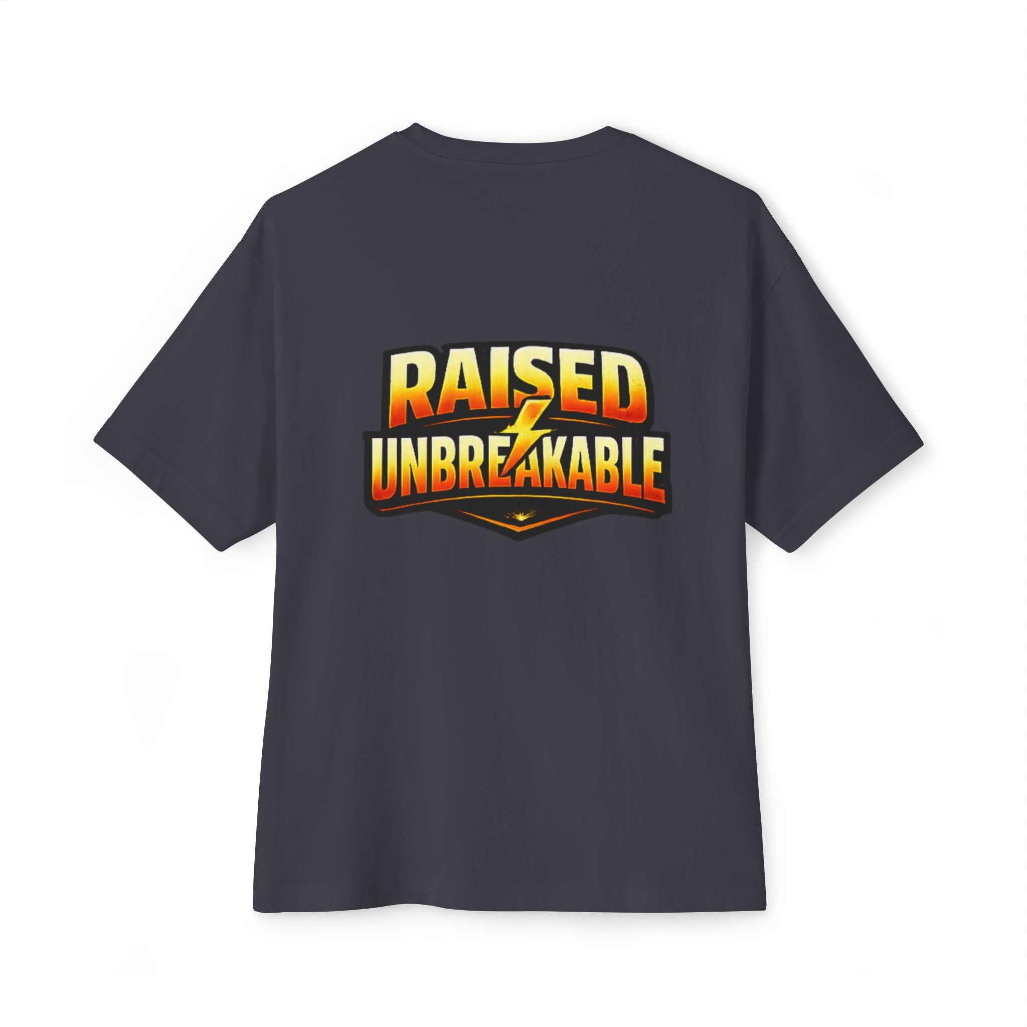 The Generation X Parenting "Come Get Em" Oversized Boxy T-Shirt by TimeWarp Drip is a dark gray cotton tee with bold yellow and orange “RAISED UNBREAKABLE” text and a lightning bolt on the back.