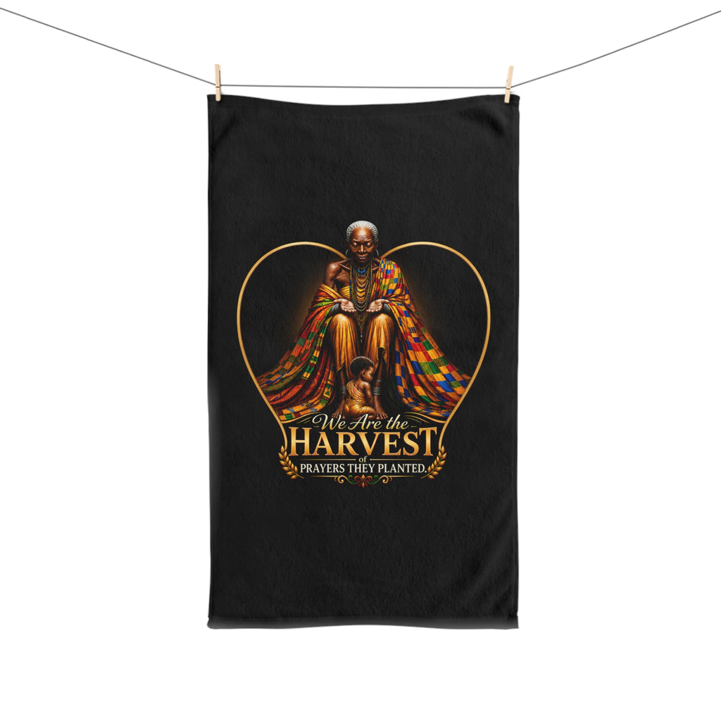 TimeWarp Drip – Black hand towel, Heritage Heart design, bold “Rooted in Legacy” script, celebrates elders with vibrant urban energy. | premium streetwear