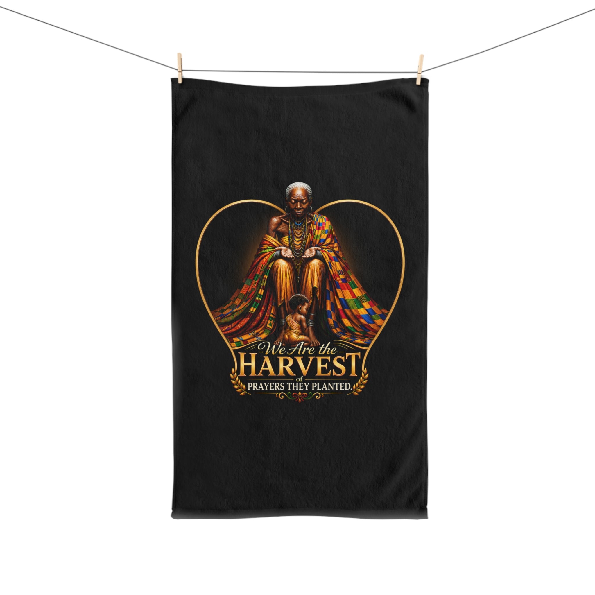 TimeWarp Drip – Black hand towel, Heritage Heart design, bold “Rooted in Legacy” script, celebrates elders with vibrant urban energy. | premium streetwear