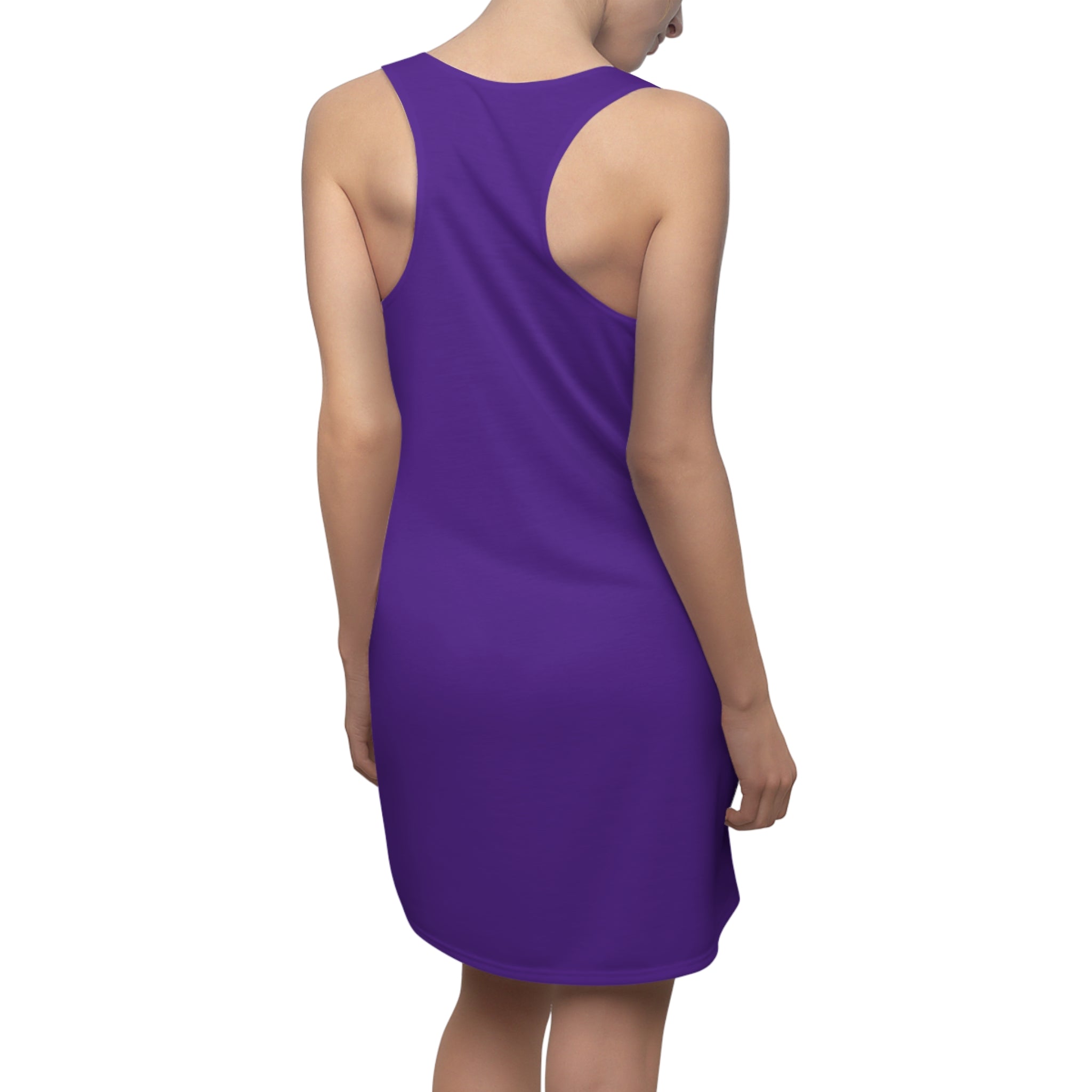 A woman faces away from the camera in a sleeveless, knee-length purple racerback dress by Printify, featuring "Straight Outta Baltimore" and exuding Charm City Attitude.