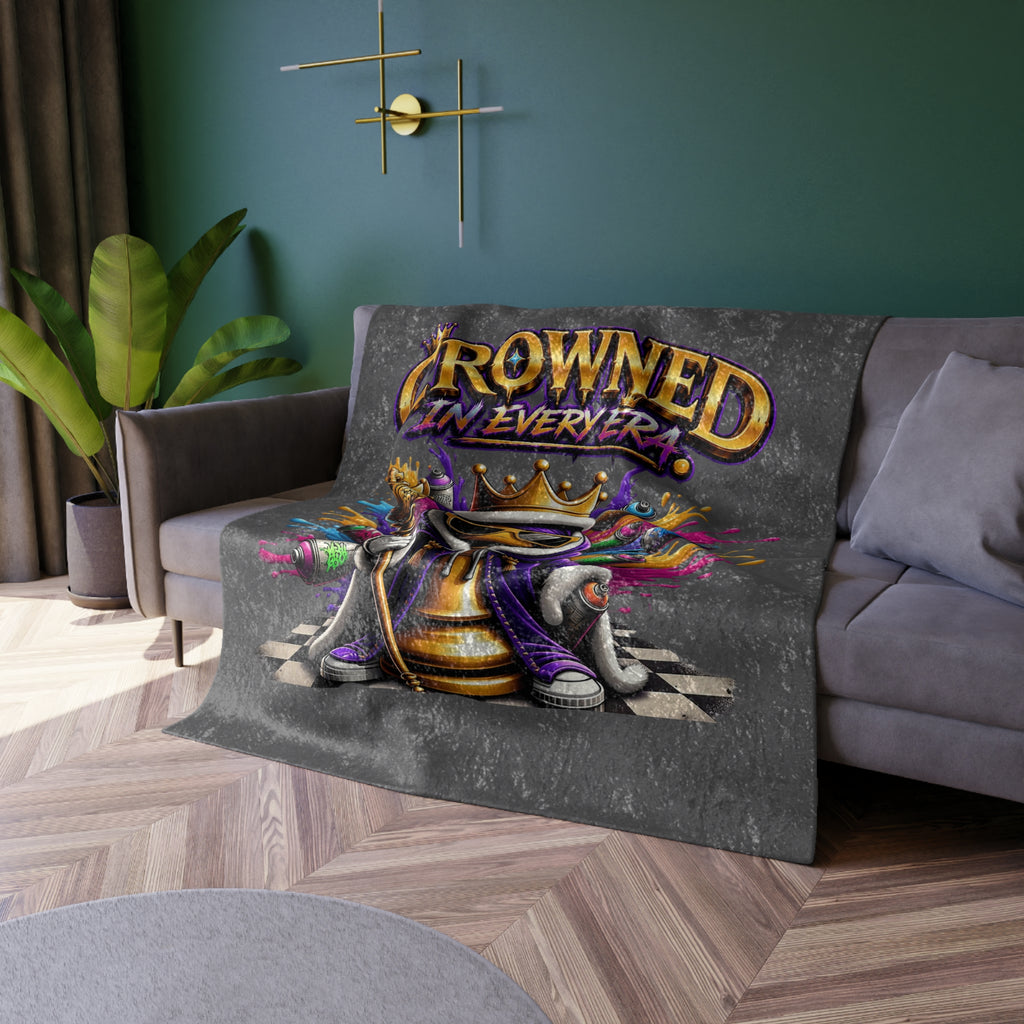 TimeWarp Drip Grey crushed velvet blanket drips with a gold crown, fresh kicks, and “CROWNED IN EVERY ERA” in bold streetwear colors.