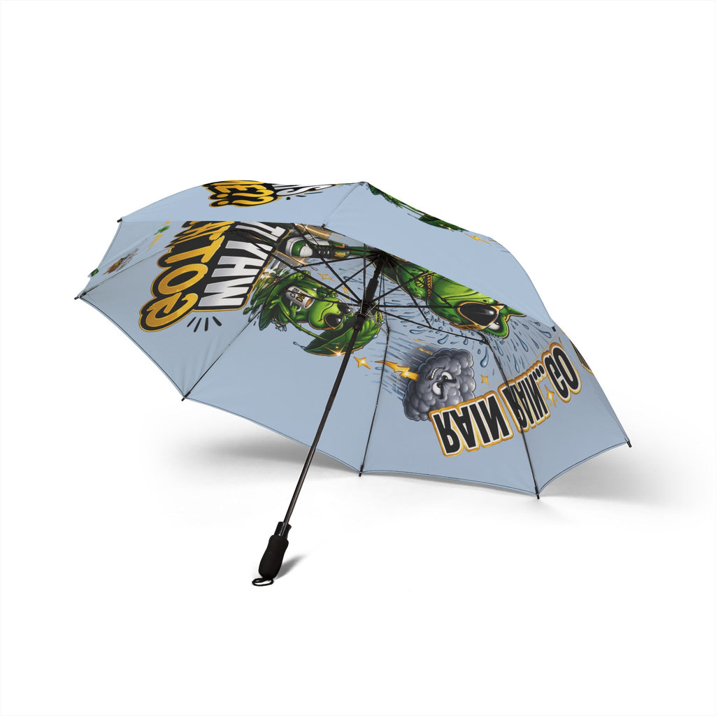 TimeWarp Drip foldable umbrella—light blue, waterproof, with bold 'Rain? Go Away' frog cartoon. Drip meets downpour—stay fresh!. 