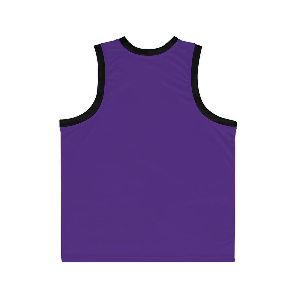 The TimeWarp Drip Court of Legends (Purple) Basketball Jersey is a sleeveless, unisex-fit tank top in solid purple with black trim, styled like a classic basketball jersey and displayed from the back on a white background.