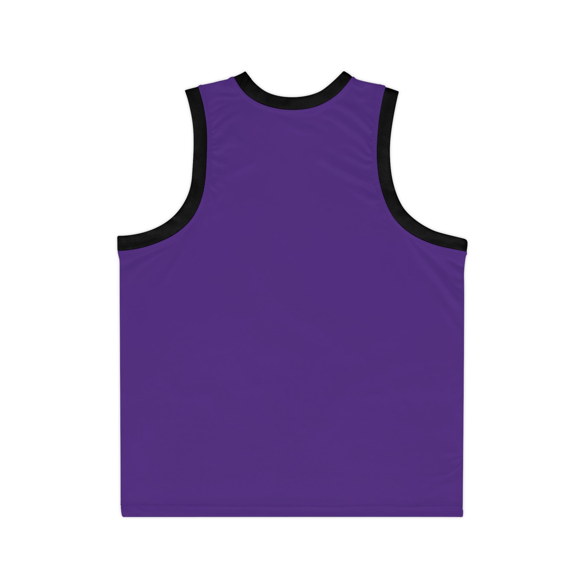 The TimeWarp Drip Court of Legends (Purple) Basketball Jersey is a sleeveless, unisex-fit tank top in solid purple with black trim, styled like a classic basketball jersey and displayed from the back on a white background.