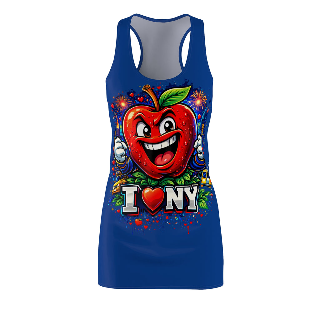 Blue Racerback dress with all-over Big Apple Attitude print, featuring I LOVE NY logo, from TimeWarp Drip.