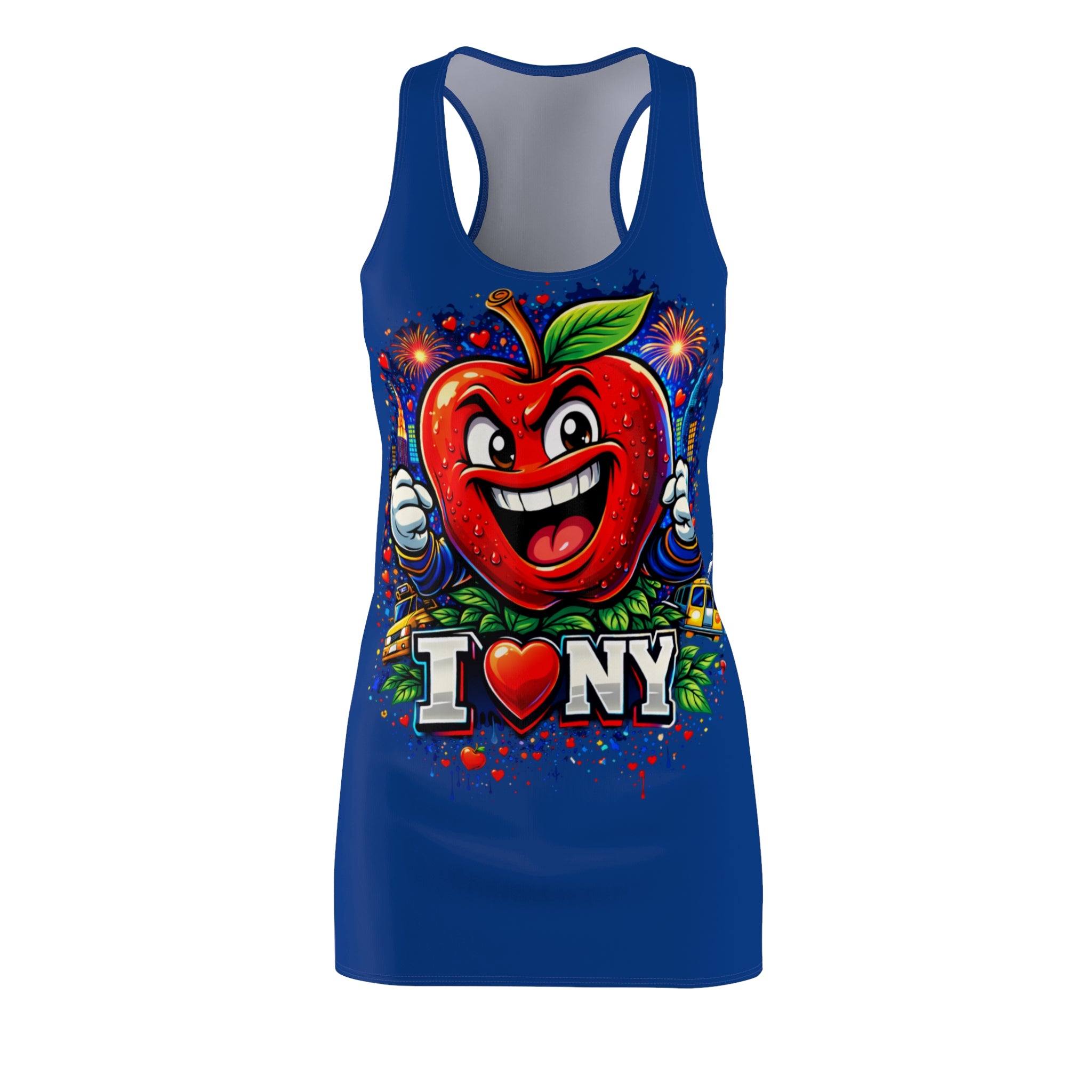 Blue Racerback dress with all-over Big Apple Attitude print, featuring I LOVE NY logo, from TimeWarp Drip.