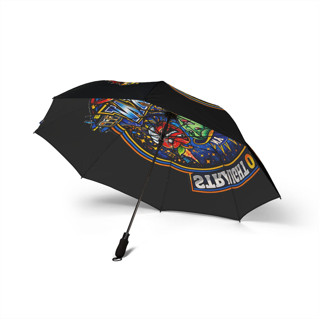 Black NYC Night Out foldable umbrella with colorful design, semi-automatic rain umbrella accessory by TimeWarp Drip.