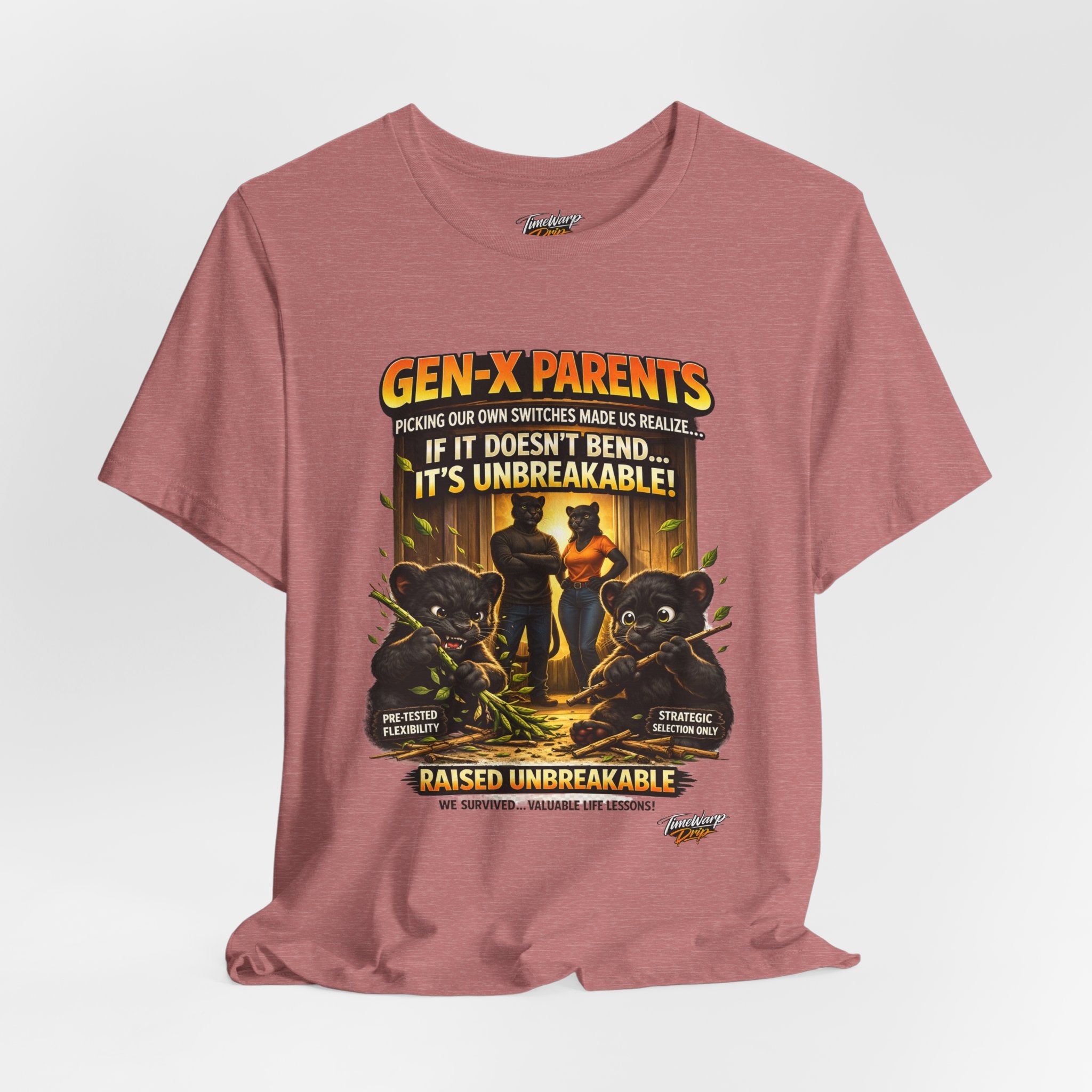 TimeWarp Drip Printify black Raised Unbreakable tee—Gen X “Picked Our Own Switches” parents shirt with bold bear cub duo, streetwear style. streetwear apparel