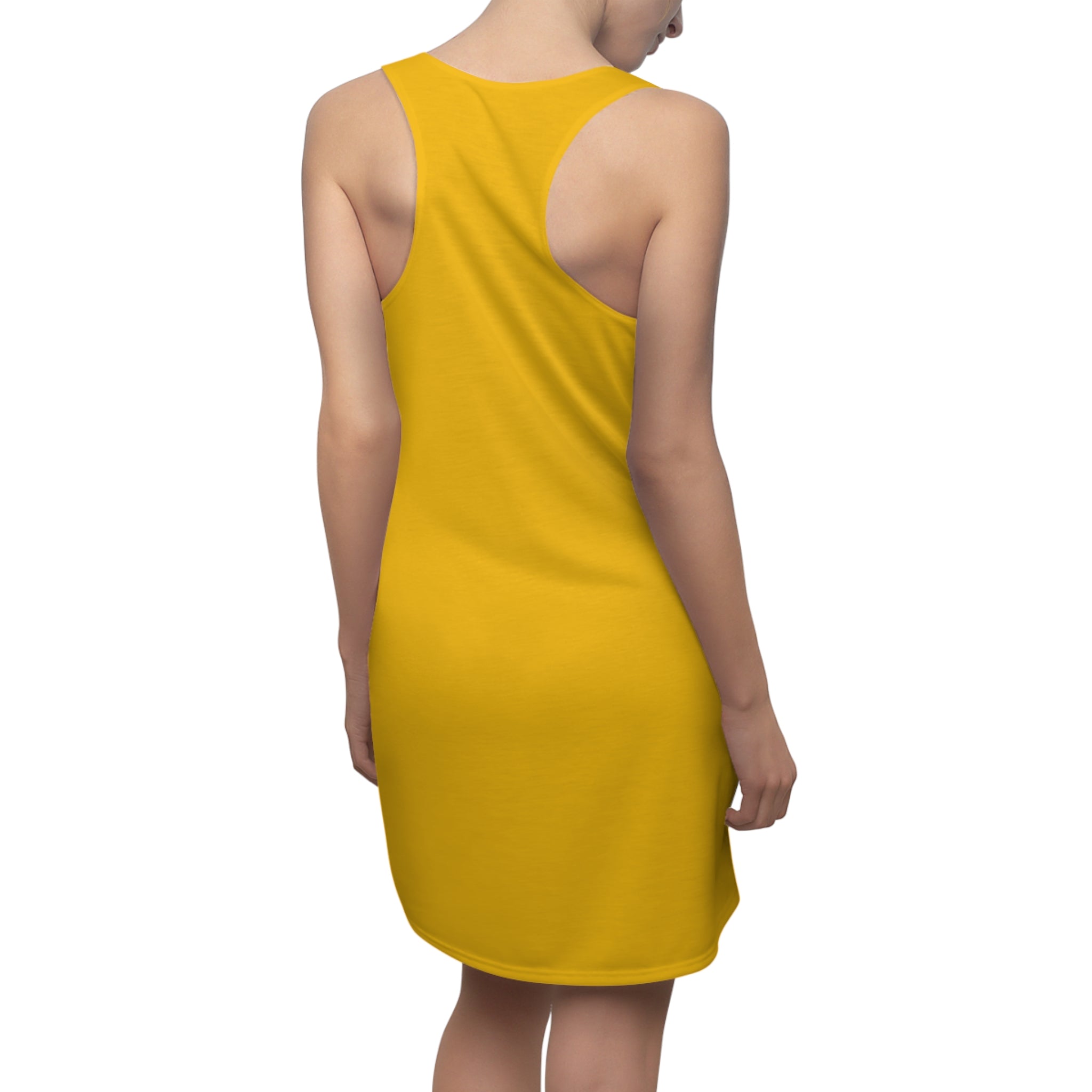 Yellow racerback dress with "Straight Outta NYC Big Apple Attitude" all-over print from TimeWarp Drip, showcasing vibrant urban-themed design.