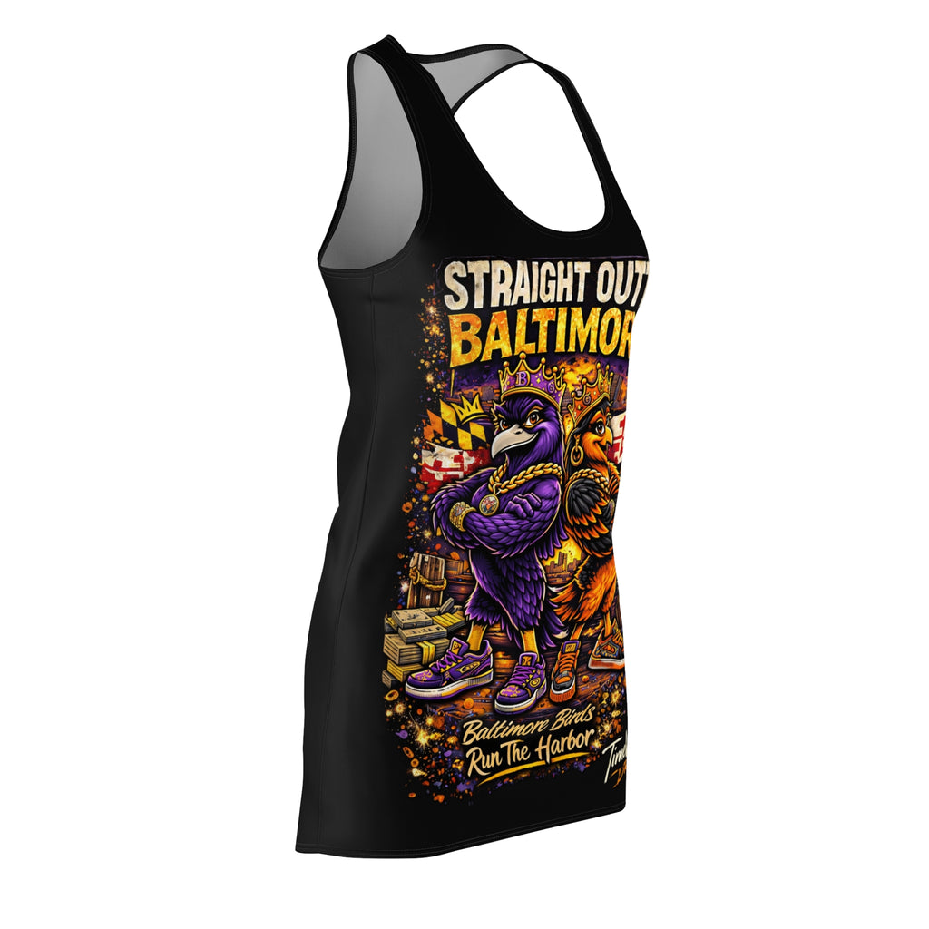 TimeWarp Drip Black racerback dress: "Straight Outta Baltimore" with bold Charm City edge and drippy cartoon birds—streetwear heat unlocked. streetwear apparel