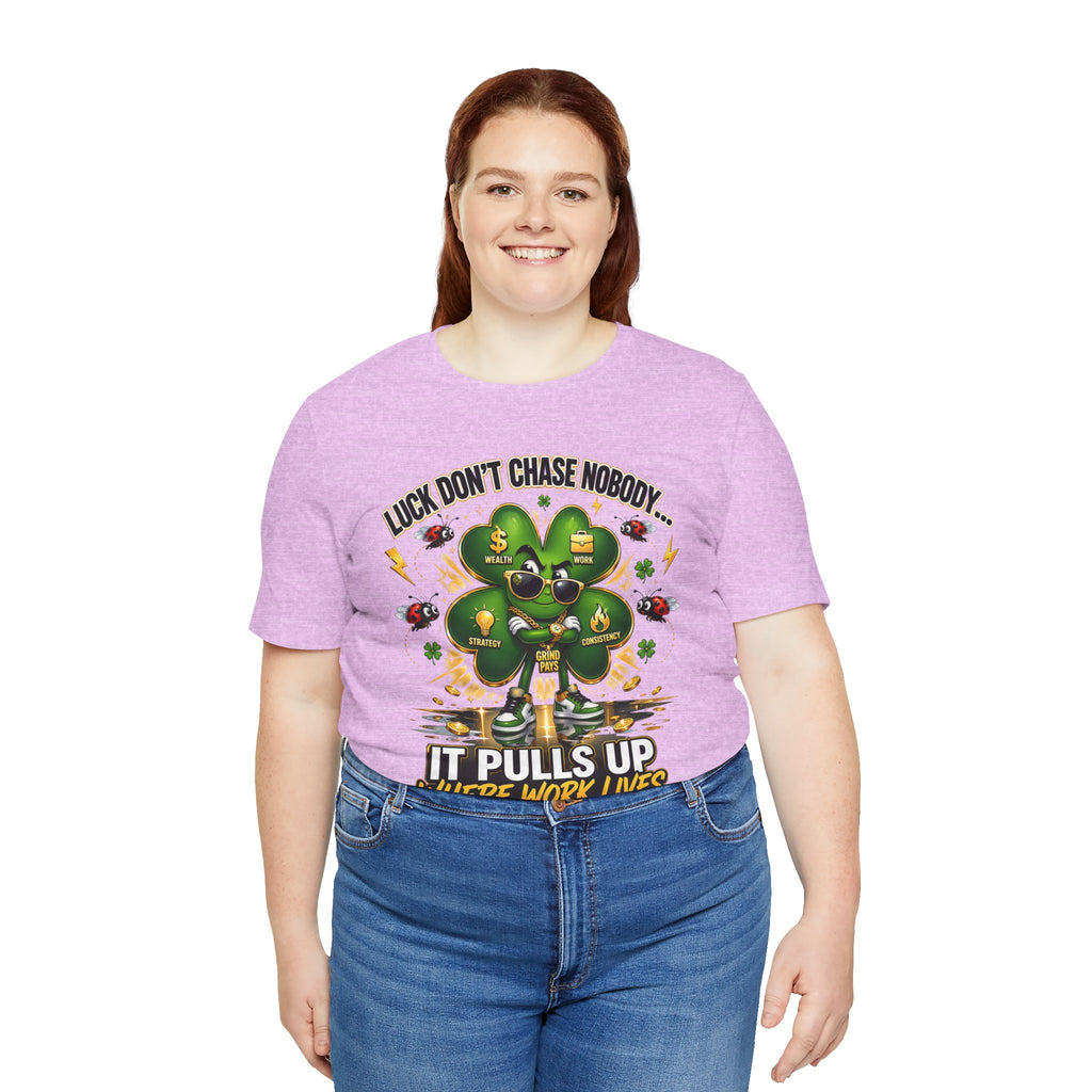 TimeWarp Drip Confident woman rocks black Printify streetwear tee—"Luck Don't Chase Nobody" bold white text, neon green shamrock drip graphic. streetwear apparel