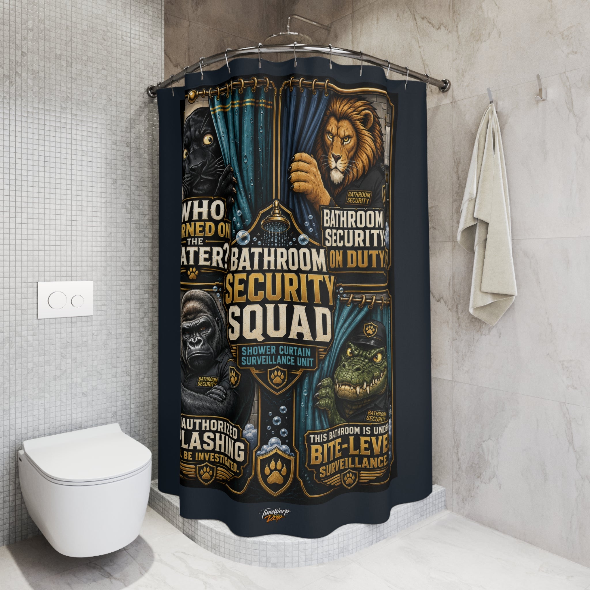 TimeWarp Drip Bathroom Security Unit Shower Curtain—white, streetwise flair, bold animal guardians guard your space with TimeWarp drip style. streetwear apparel