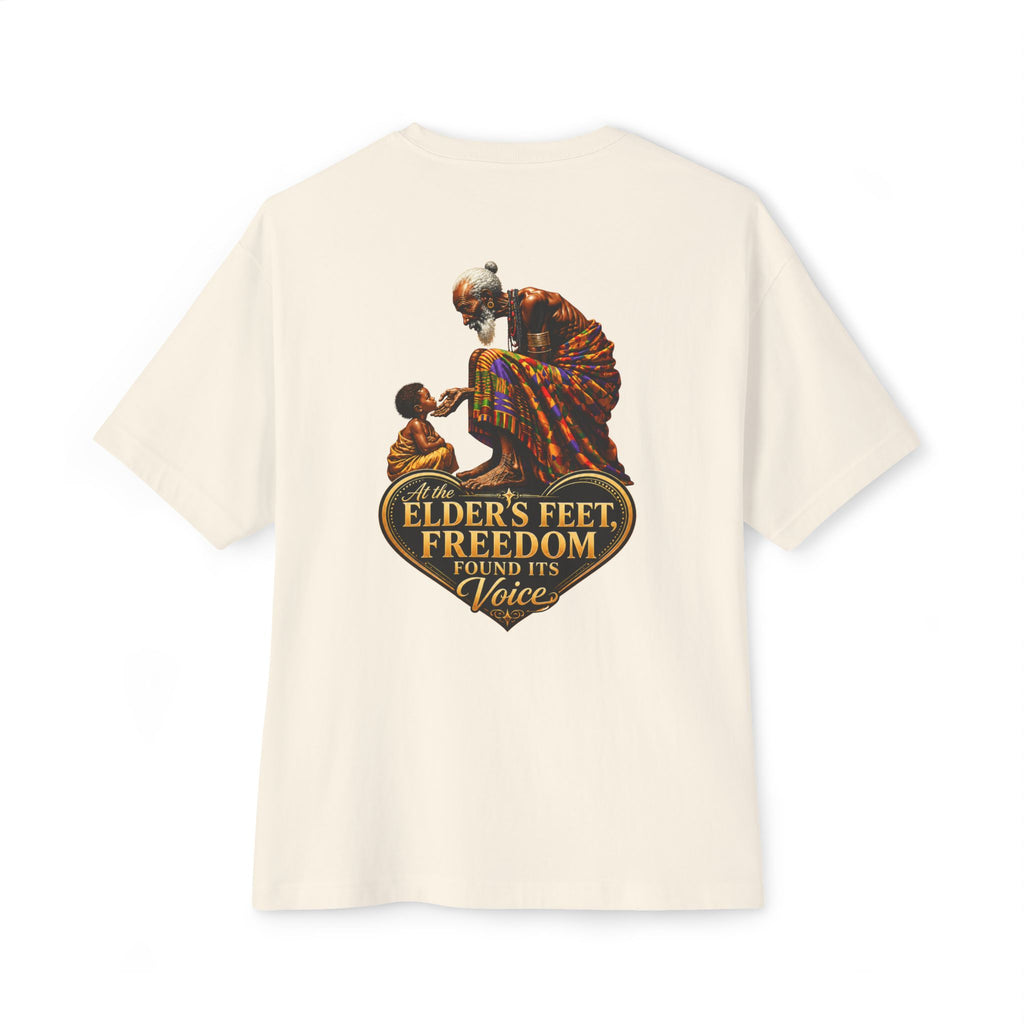 TimeWarp Drip – Oversized beige boxy tee, bold elder and child graphic, urban art vibe, “At the elders feet...” text; streetwise statement. | premium streetwear