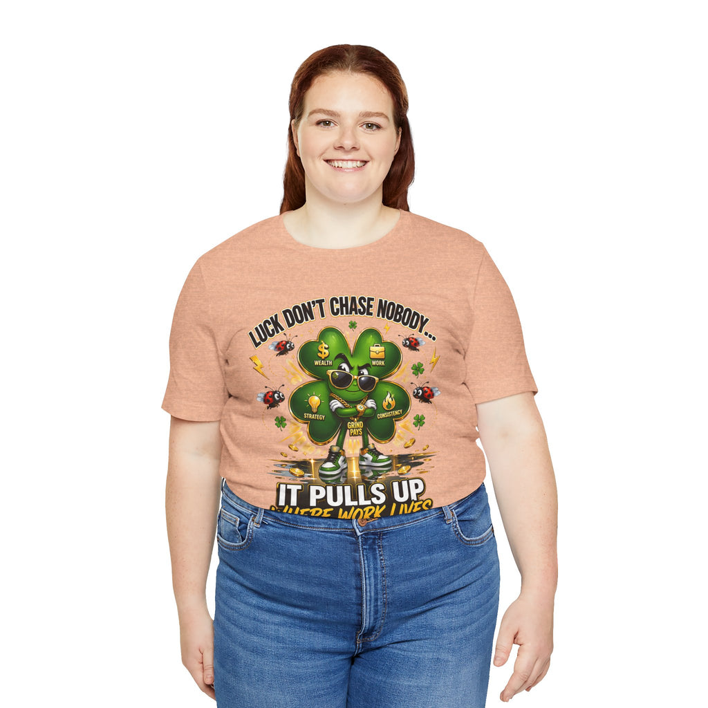 TimeWarp Drip Confident woman rocks black Printify "Luck Don't Chase Nobody" tee, 4-leaf clover streetwear, bold luck x hustle graphic. streetwear apparel