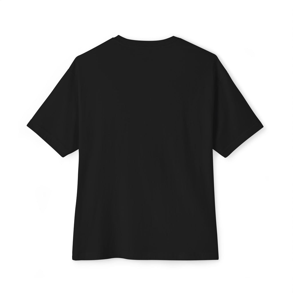 The Crowned In Every Era - Unisex Oversized Boxy Tee features a relaxed, oversized fit in plain black, shown from the back and laid flat on a white background.