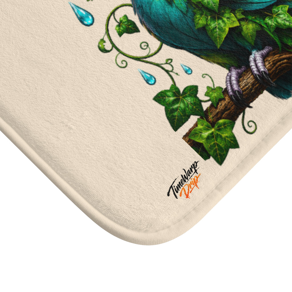 TimeWarp Drip Bath Mat — Green Parrot flexes claws on leafy branch, bold text "I Wake Up Fly and Confused," with street drip blue drops. 