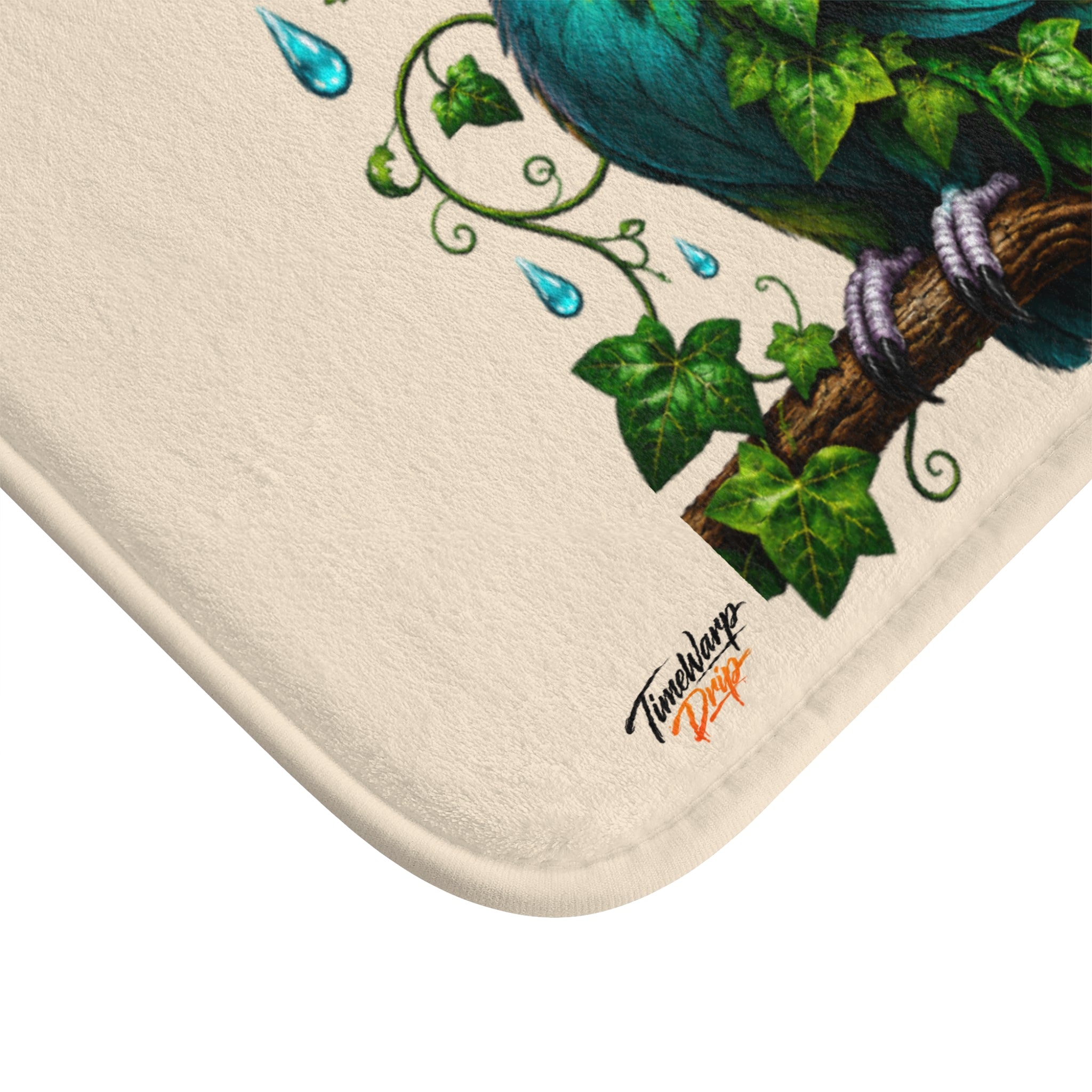 TimeWarp Drip Bath Mat — Green Parrot flexes claws on leafy branch, bold text "I Wake Up Fly and Confused," with street drip blue drops. 
