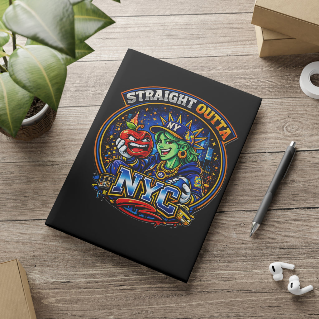 Black hardcover notebook featuring a New York City Statue of Liberty graphic and "Straight Outta NYC" text, by TimeWarp Drip.