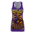 The TimeWarp Drip Purple Racerback Dress features two cartoon birds with crowns and chains, framed by "Straight Outta Baltimore" and "Baltimore Birds Run The Harbor," set against a city backdrop for true Charm City Attitude.