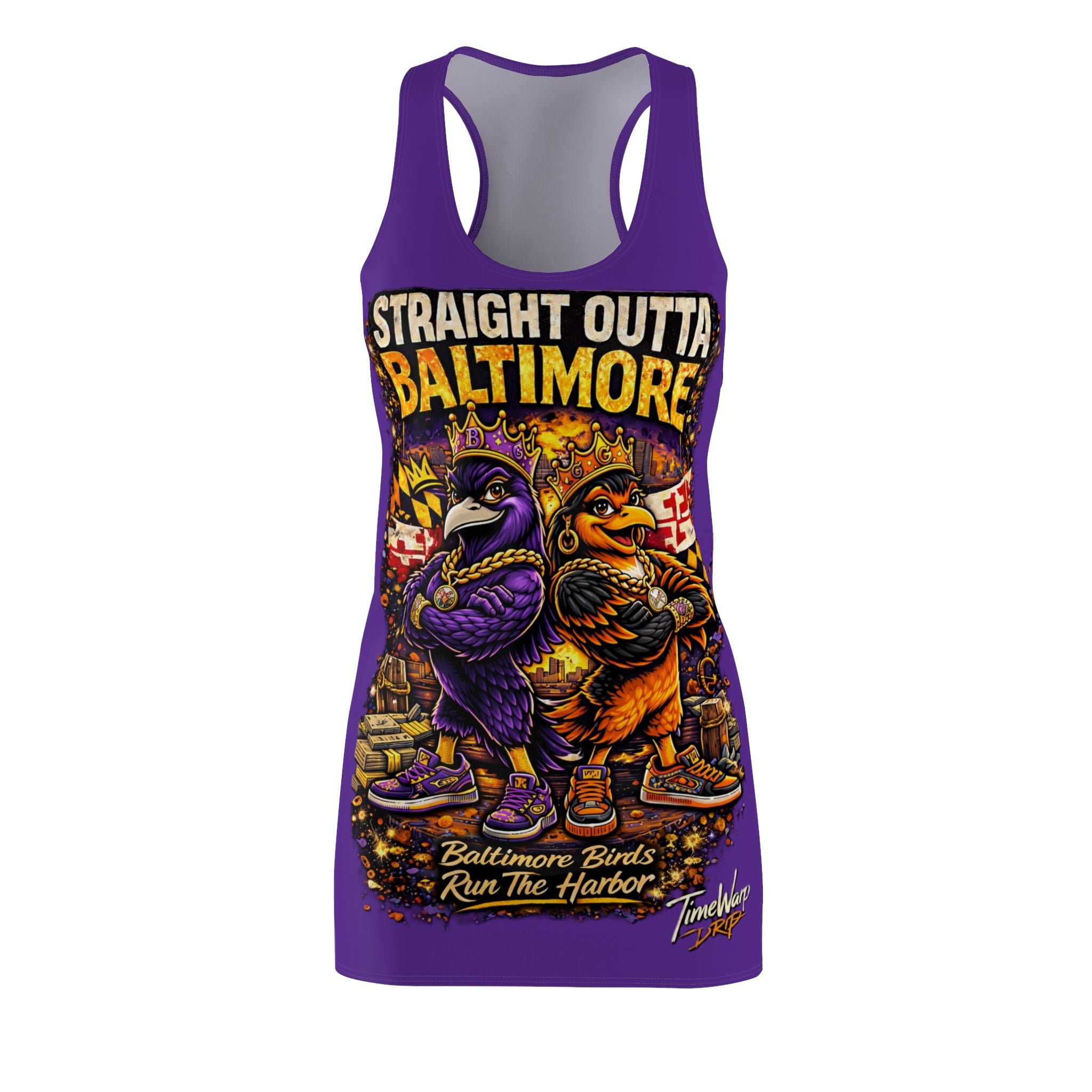 The TimeWarp Drip Purple Racerback Dress features two cartoon birds with crowns and chains, framed by "Straight Outta Baltimore" and "Baltimore Birds Run The Harbor," set against a city backdrop for true Charm City Attitude.