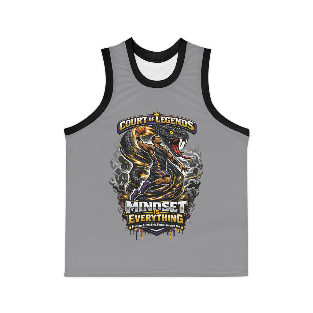 The Court of Legends - (Grey) Basketball Jersey is a unisex, moisture-wicking polyester tank with black trim, featuring an illustrated dunking player and bold text: "Court of Legends" above and "Mindset is Everything" below.