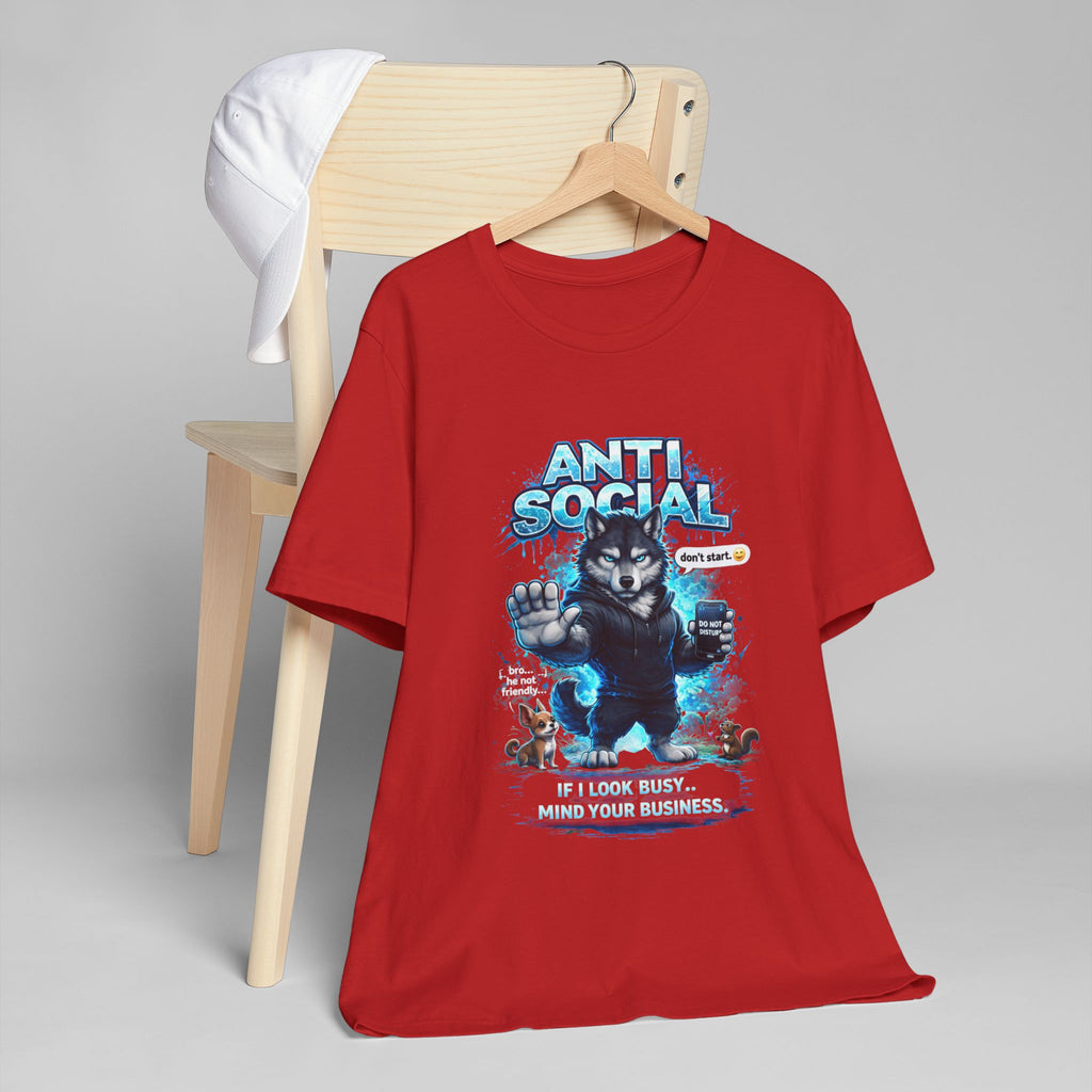 The Anti Social Wolf T-Shirt — Funny Introvert Graphic Tee by Timewarp Drip, in striking red, features a grumpy wolf with a phone and bold text—a must-have for anyone who loves unique streetwear and introvert vibes.