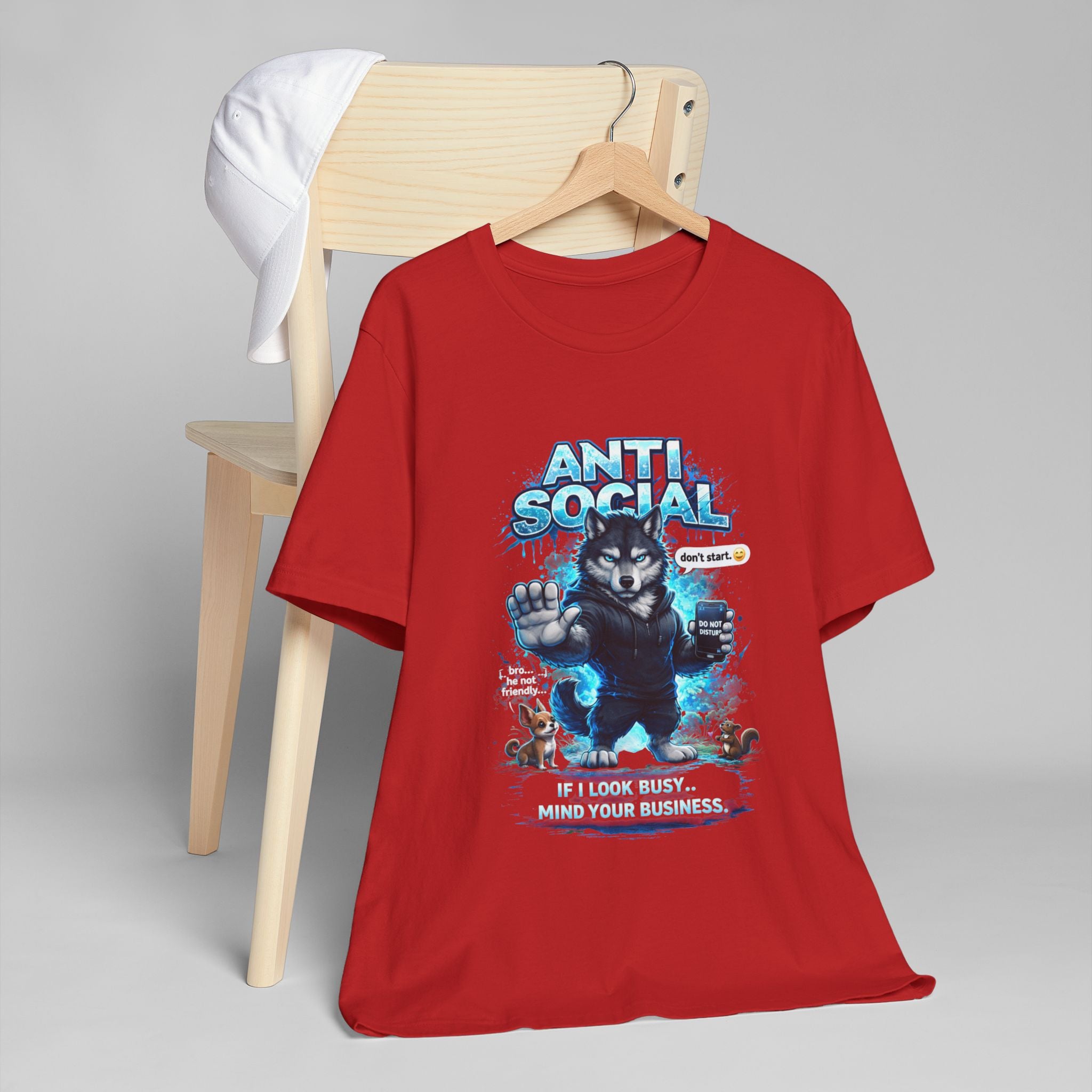 The Anti Social Wolf T-Shirt — Funny Introvert Graphic Tee by Timewarp Drip, in striking red, features a grumpy wolf with a phone and bold text—a must-have for anyone who loves unique streetwear and introvert vibes.