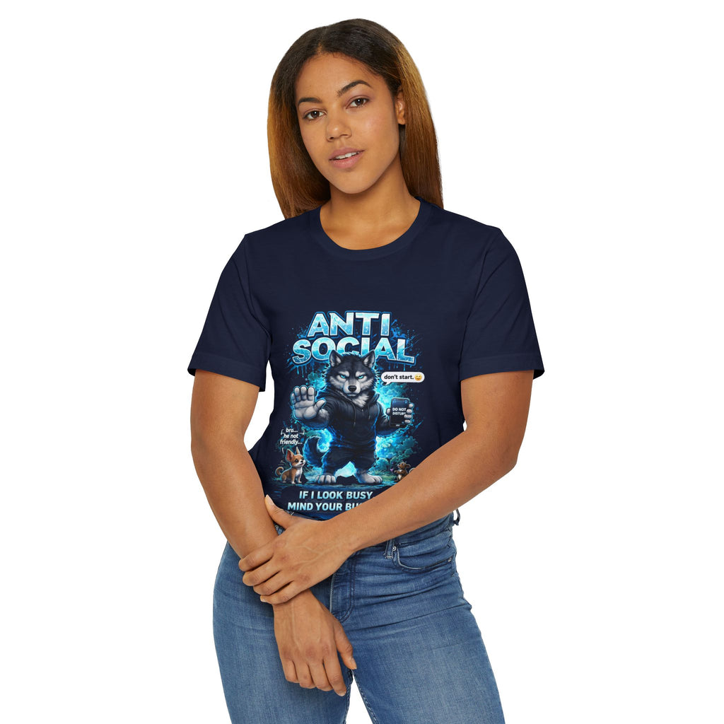 A woman with straight hair wears the Timewarp Drip Anti Social Wolf T-Shirt — Funny Introvert Graphic Tee, navy blue with an angry cat, electric blue effects, and “If I look busy, mind your business,” arms loosely crossed for a bold streetwear vibe.