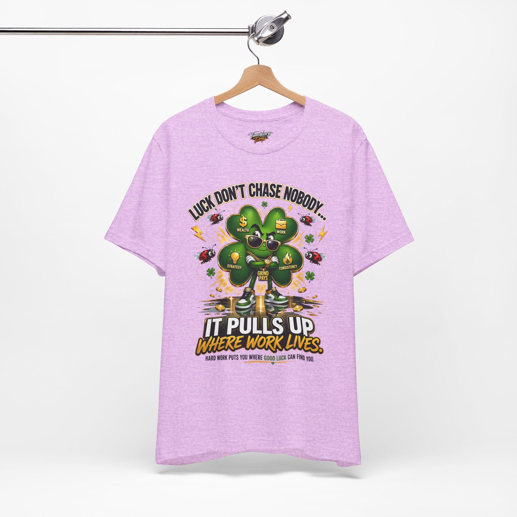 TimeWarp Drip Lucky Clover “Pulls Up Lives” tee in vapor purple, street-style clover graphic, S-XL drip—size chart included. streetwear apparel