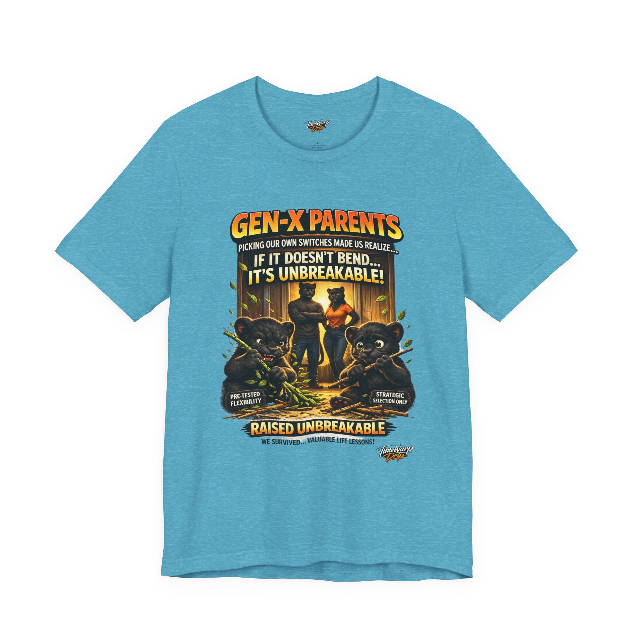 TimeWarp Drip Unbreakable black tee—Gen X “Picked Our Own Switches” street style, bold retro font, Printify’s fresh parental drip. streetwear apparel