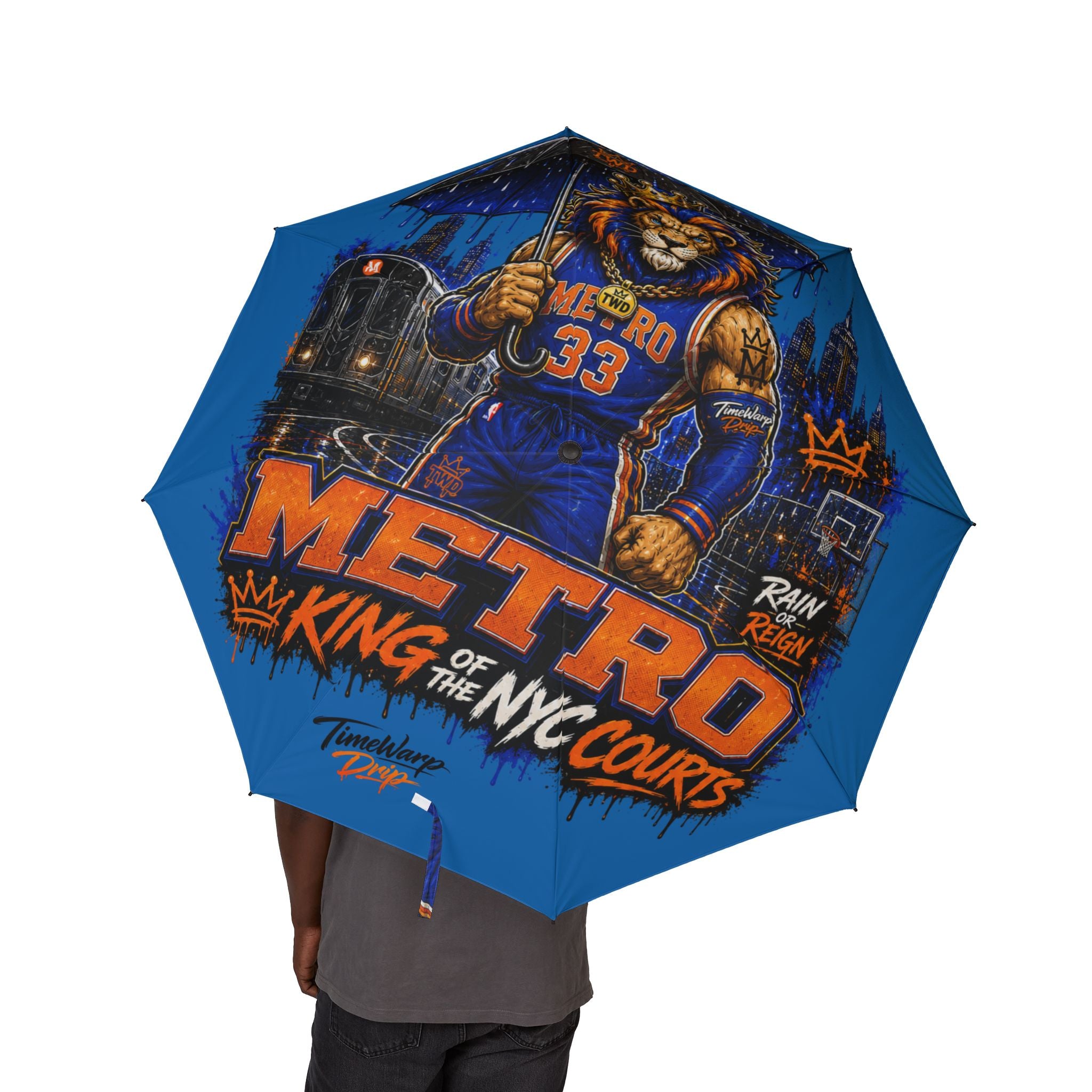 Semi-Automatic Foldable Umbrella — Metro Lion “Rain or Reign: The Lion’s Court” Basketball Graphic (Blue)