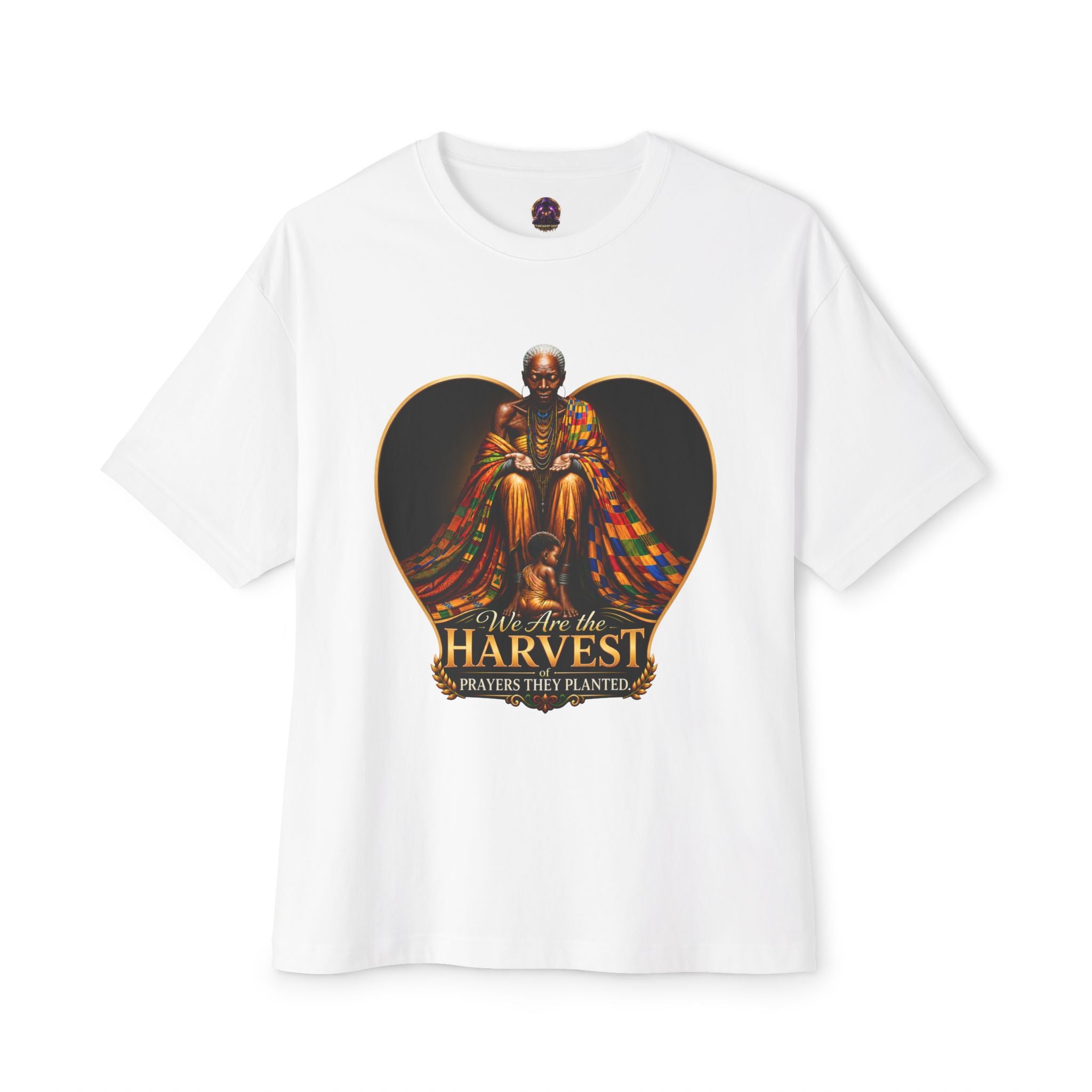TimeWarp Drip – Black tee, bold elder-inspired artwork, “We Are the Harvest, Prayers They Planted” text; premium urban street style. | premium streetwear