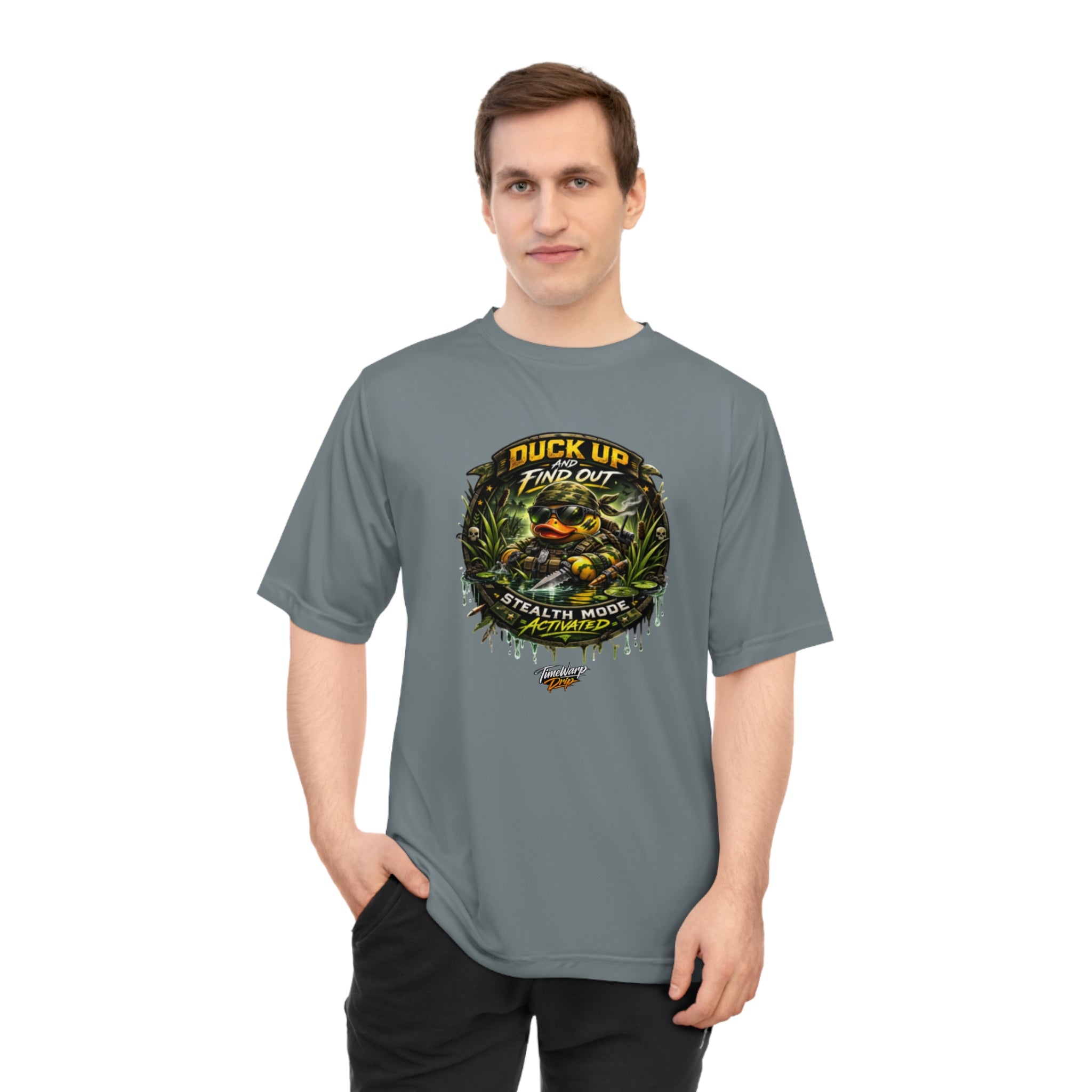 TimeWarp Drip Man rocks bold Duck Up Find Out duck hunting graphic tee by TimeWarp Drip . Black Premium Urban Fashionstyle, XS–2XL. Peep size chart!. Premium Urban Fashionapparel
