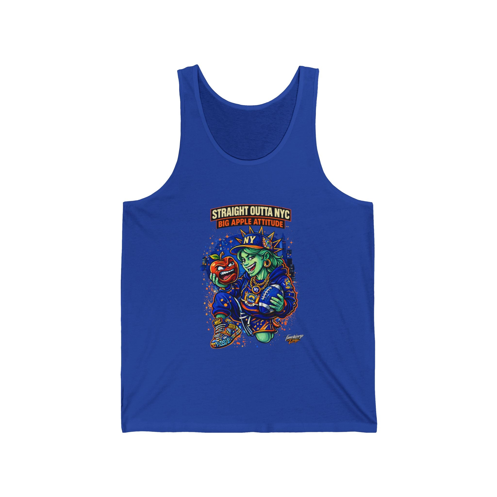 White tank top featuring a retro cartoon Statue of Liberty graphic for the Straight Outta NYC design by TimeWarp Drip.